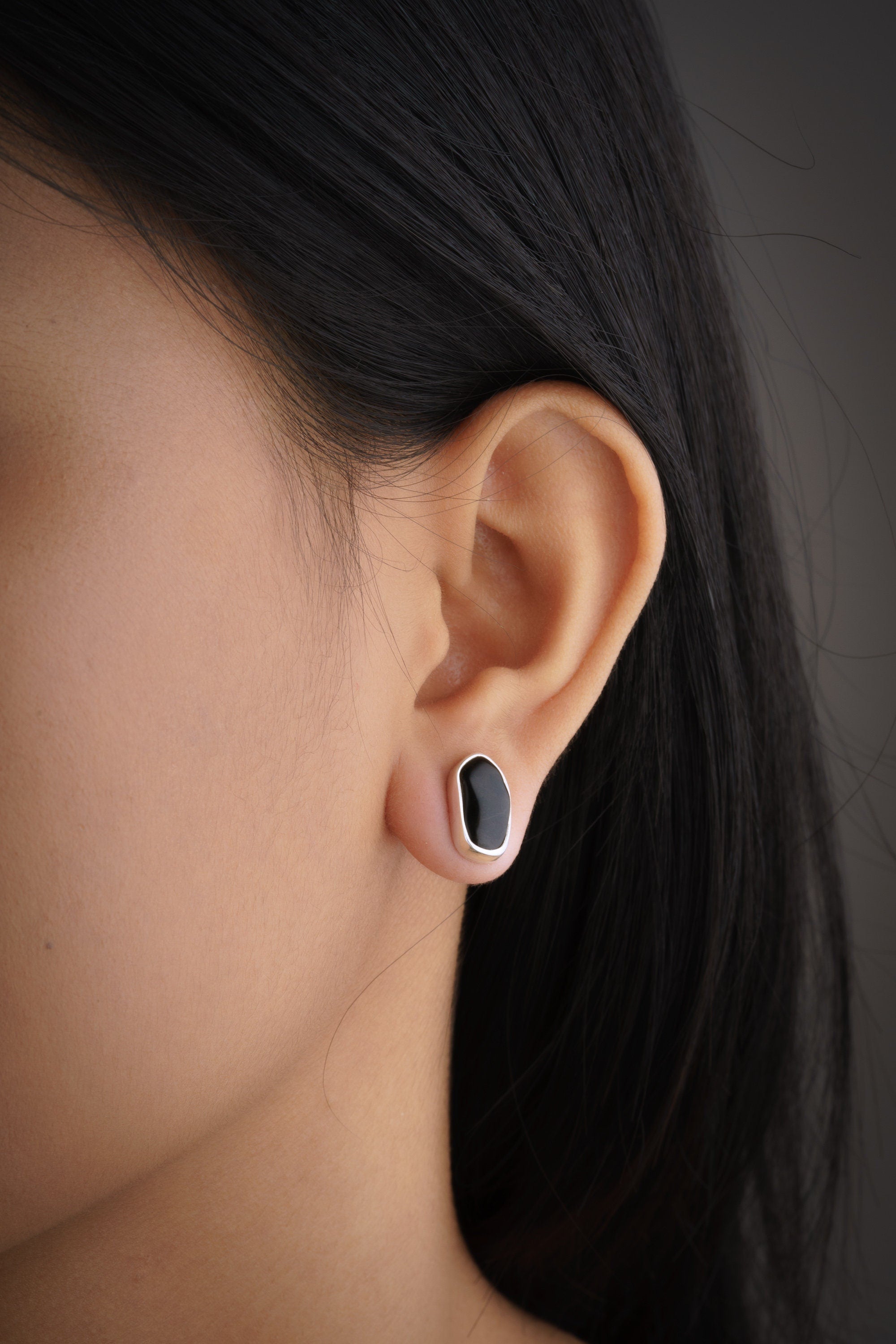 Organic Shaped Onyx Stud Earrings, Sterling Silver with Polished Finish, Freeform Earring Studs, Modern Minimalist Jewelry