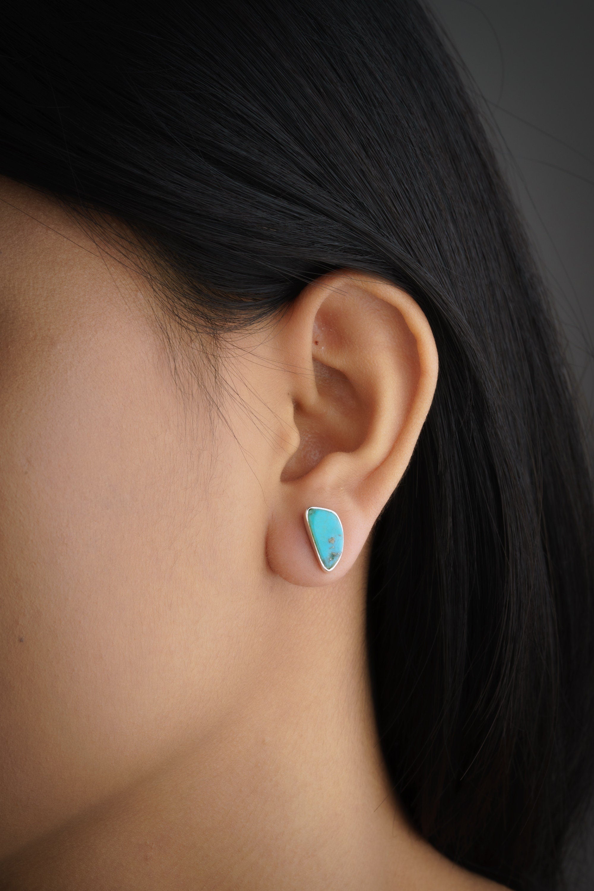 Turquoise - High Grade Old Cut American Sleeping Beauty Pair- Sterling Silver - High Shine - Freeform Earring Studs