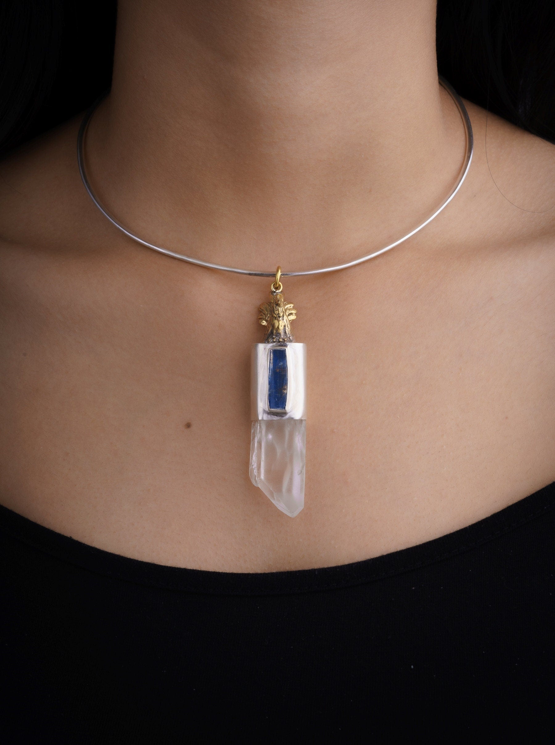 Himalayan Twin Terminated Quartz & Kyanite - Brushed Sterling Silver Set - Brass Cast Rooster - Crystal Pendant