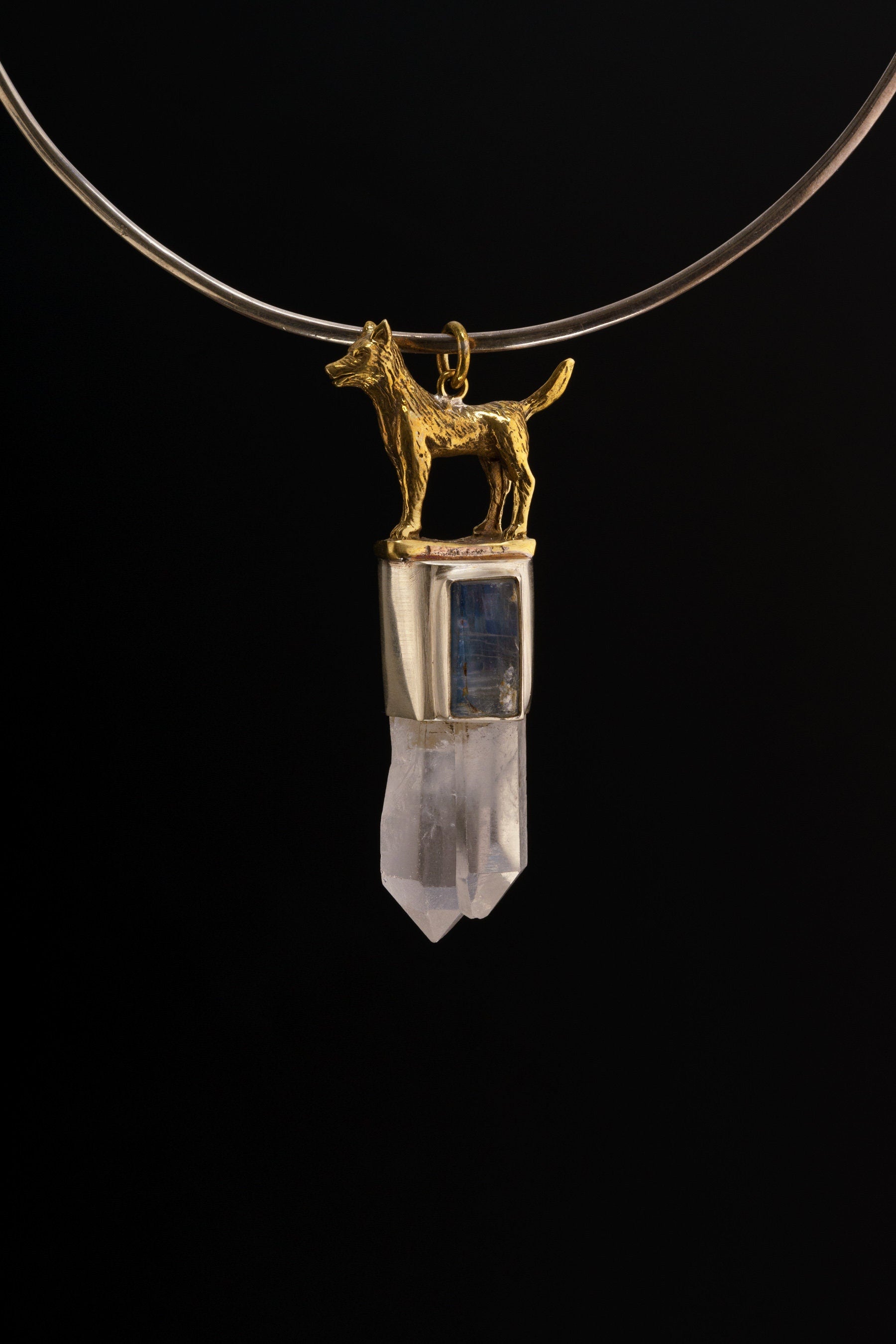 Himalayan Twin Terminated Quartz & Kyanite - Brushed Sterling Silver Set - Brass Cast Dog / Wolf- Crystal Pendant