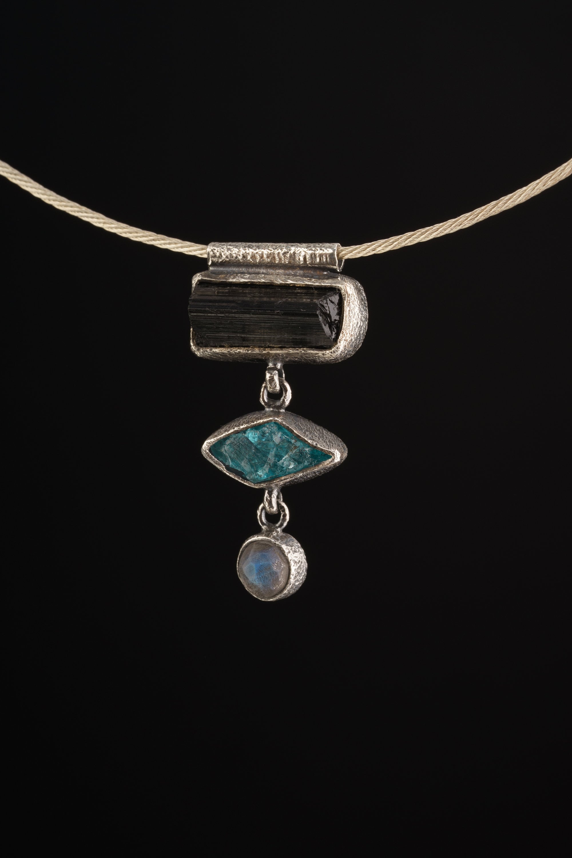 925 Sterling Silver Dangling Crystal Necklace - Black Tourmaline, Blue Gem Apatite, Fiery Labradorite in Textured Oxidised Stack Pendant