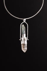 Large Spinning Pendant with Ocean Kyanite Smoky Copper Rutile Quartz Point Pink Tourmaline & Faceted Ethiopian Opal Textured Sterling Silver