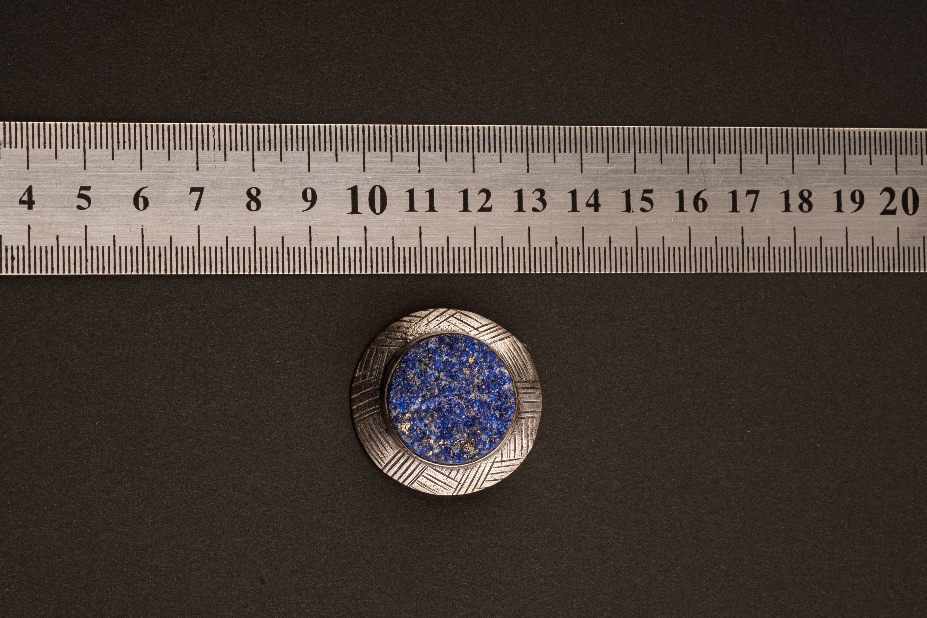 Larger Raw Lapis Lazuli Circle Cab on Crisscrossed Shield - Stack Pendant textured & oxidised - 925 sterling silver - Crystal Necklace