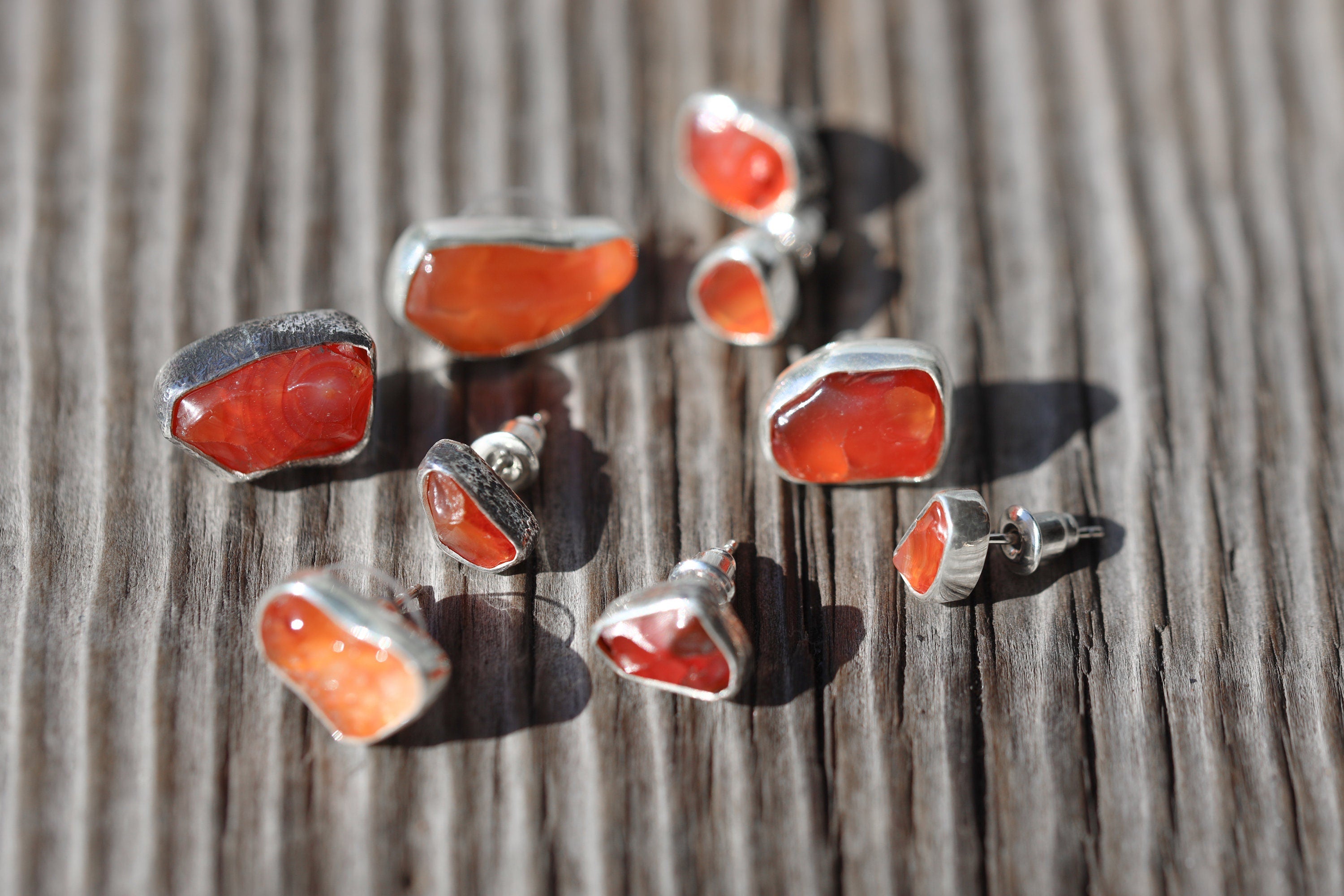 Organic shaped Carnelian Agate Pair- Textured Finish - Sterling Silver - Freeform Earring Studs