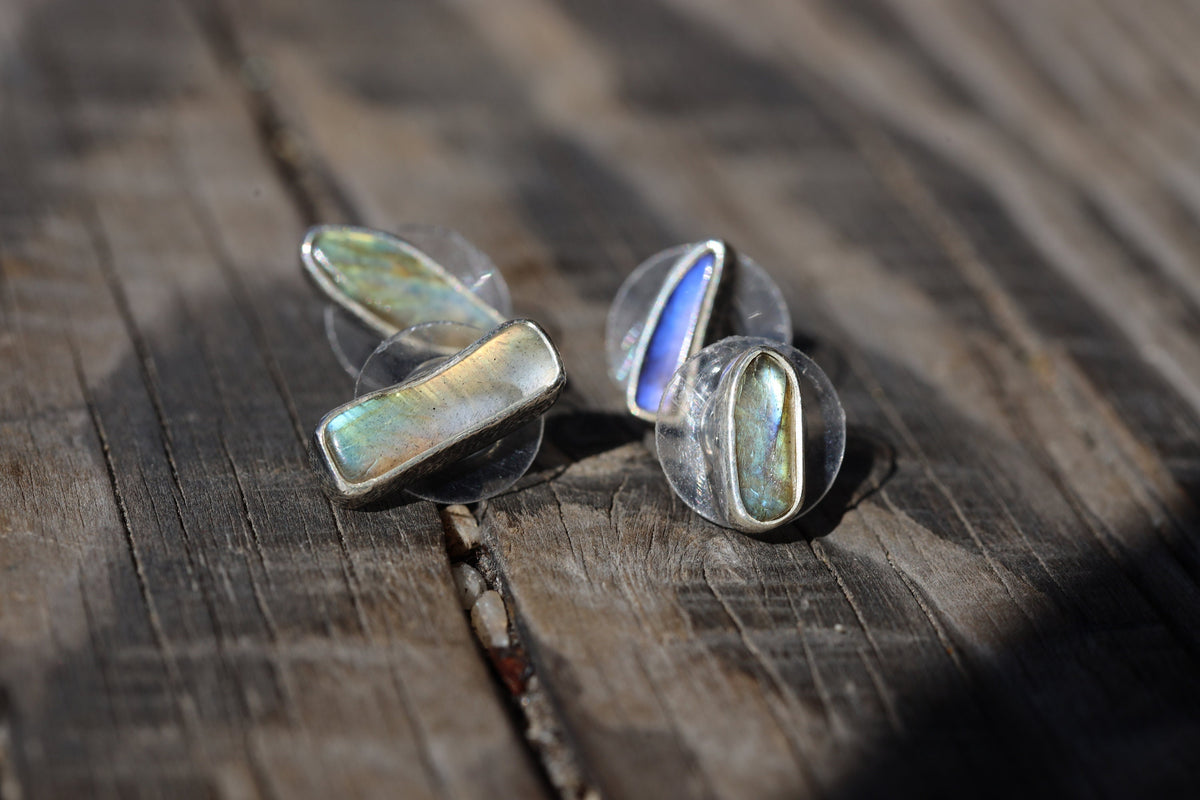 Sterling Silver Rainbow Labradorite Studs Organic Shaped Pair with Oxidized Textured Finish Freeform Earring Studs Express Your Unique Style