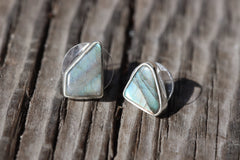 Sterling Silver Earrings with Organic Shaped Rainbow Labradorite, Polished Finish, Freeform Studs, Spiritual Growth & Balance