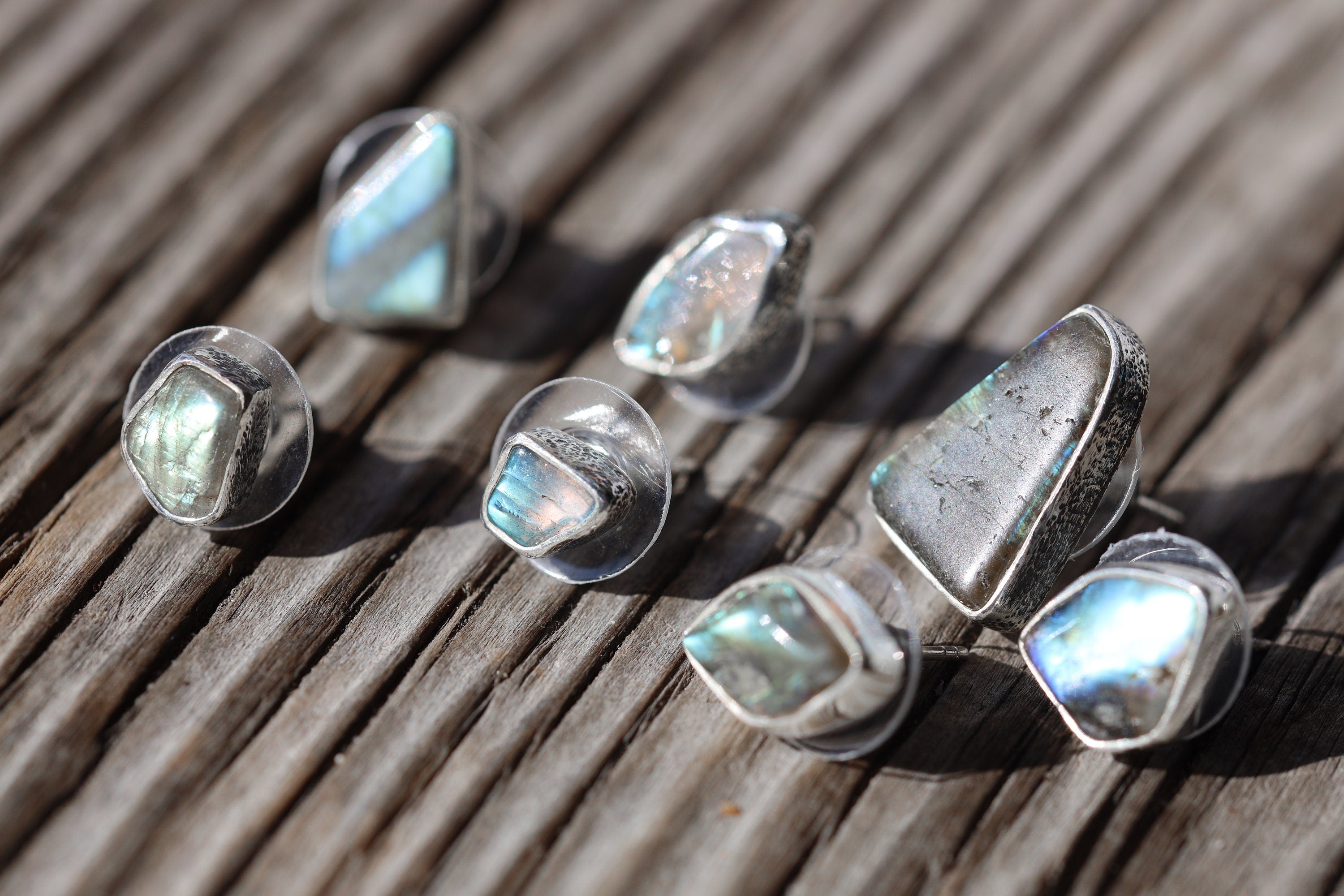 Sterling Silver Earrings with Organic Shaped Rainbow Labradorite, Polished Finish, Freeform Studs, Spiritual Growth & Balance