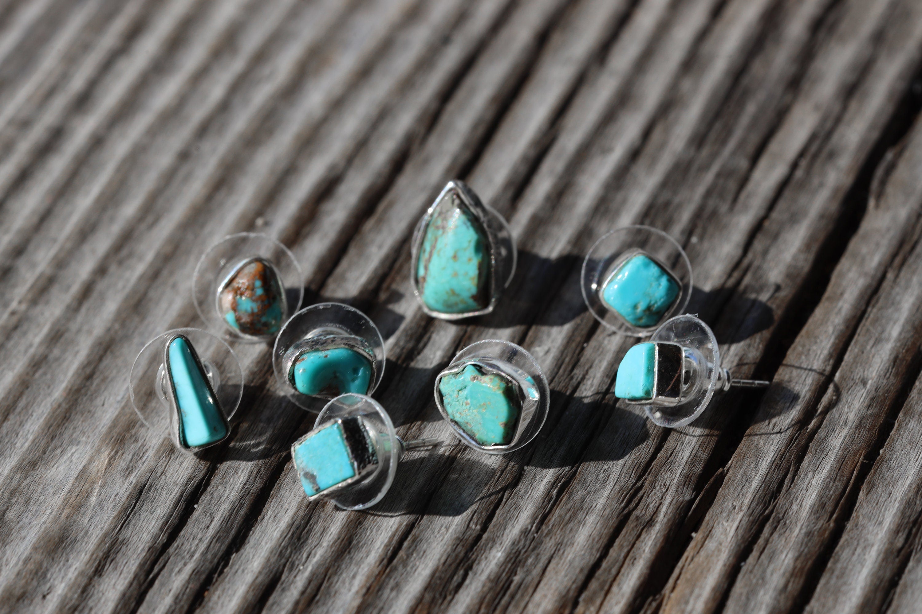 Turquoise - High Grade Old Cut American Sleeping Beauty Pair- Sterling Silver - High Shine - Freeform Earring Studs