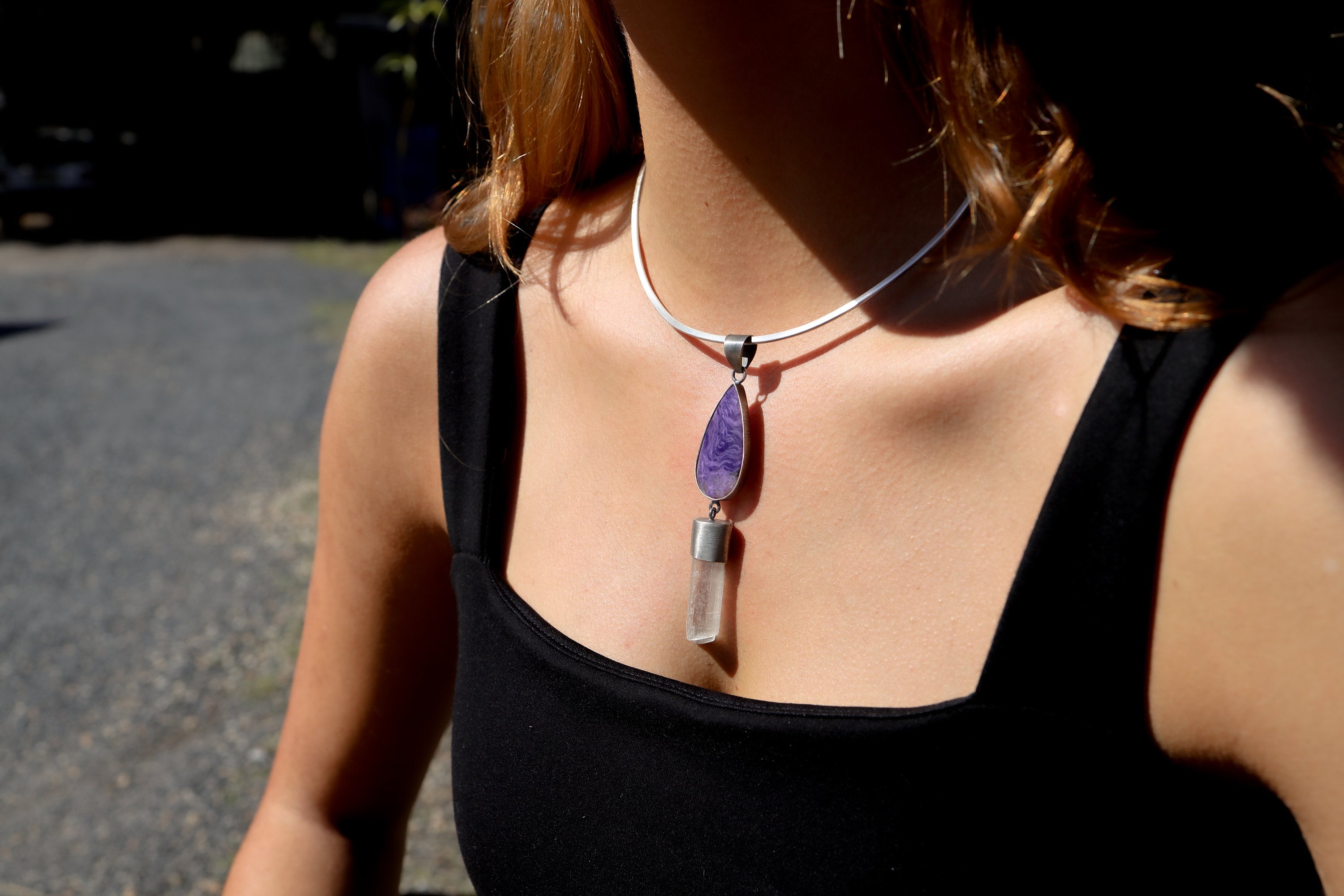 Crystal Candle - AAA Charoite Cabochon & Optical Selenite - Sterling Silver - Rustic OXEDISED Finish - Pendant