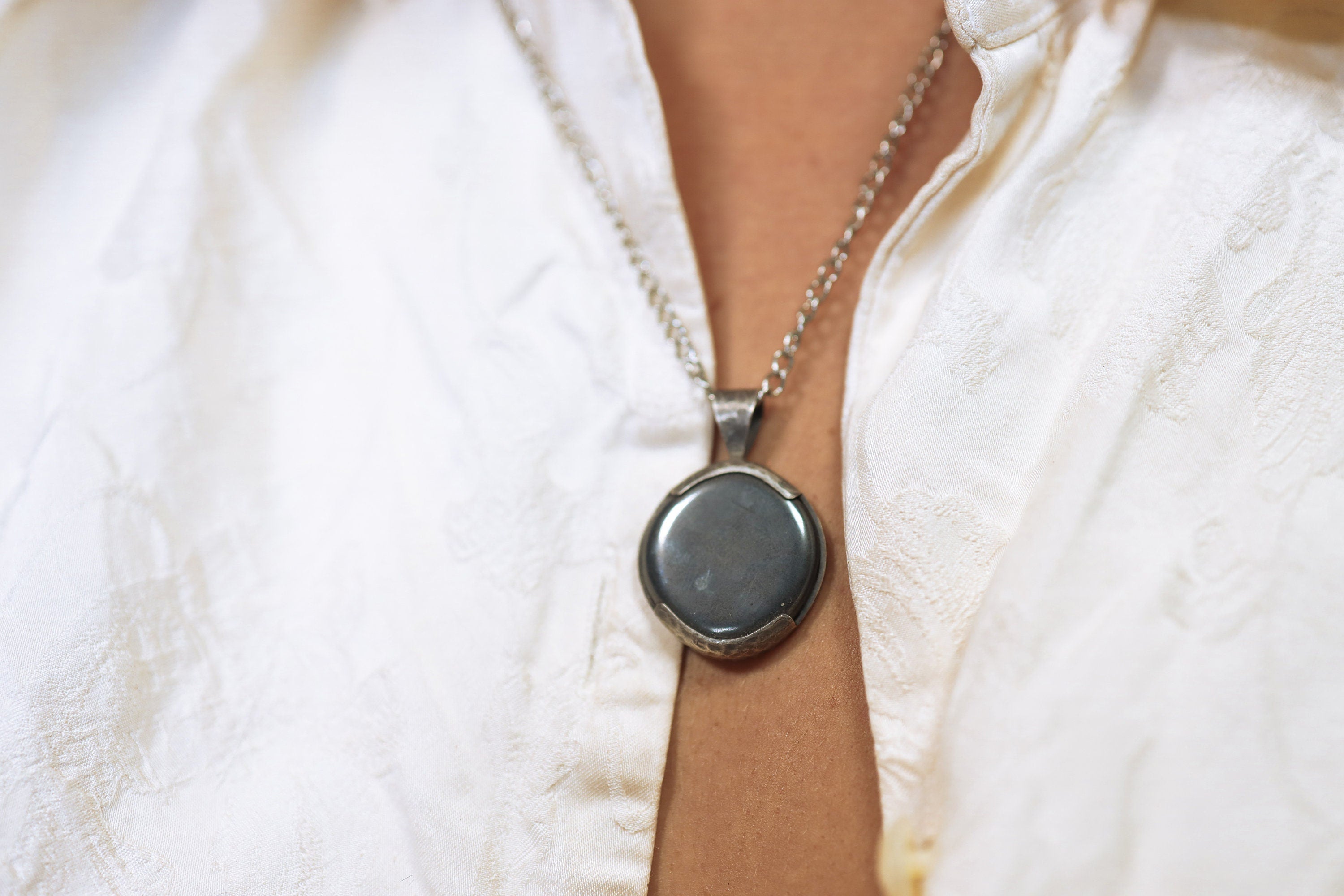 One Organically Shaped Pyrite - Crystal Pendant Necklace - 925 Sterling Silver - Strong hammered & textured finish