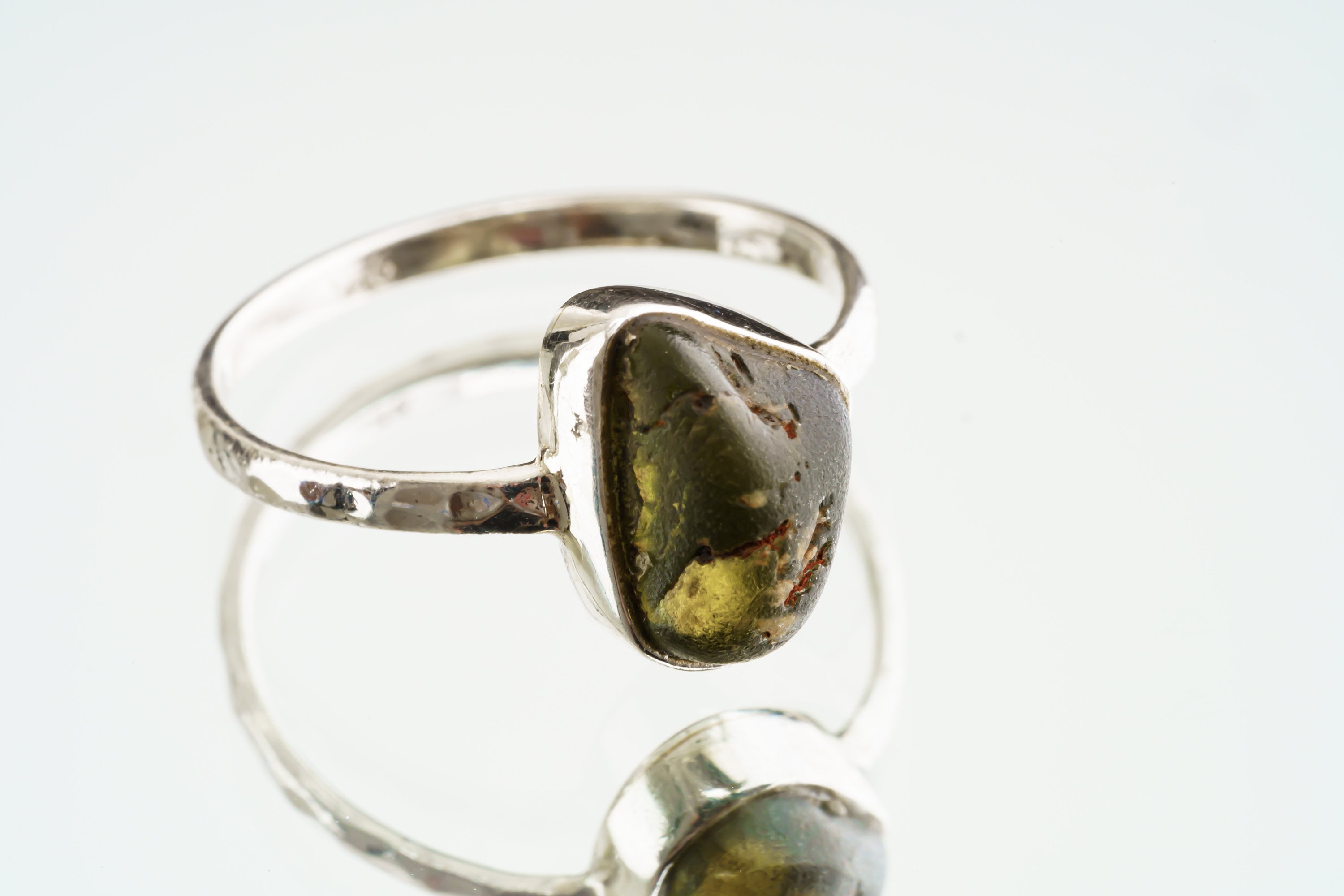 Natural River Found Australian Peridot - Thin Band Stack Ring - Size 5 3/4 US - 925 Sterling Silver - Hammer Textured