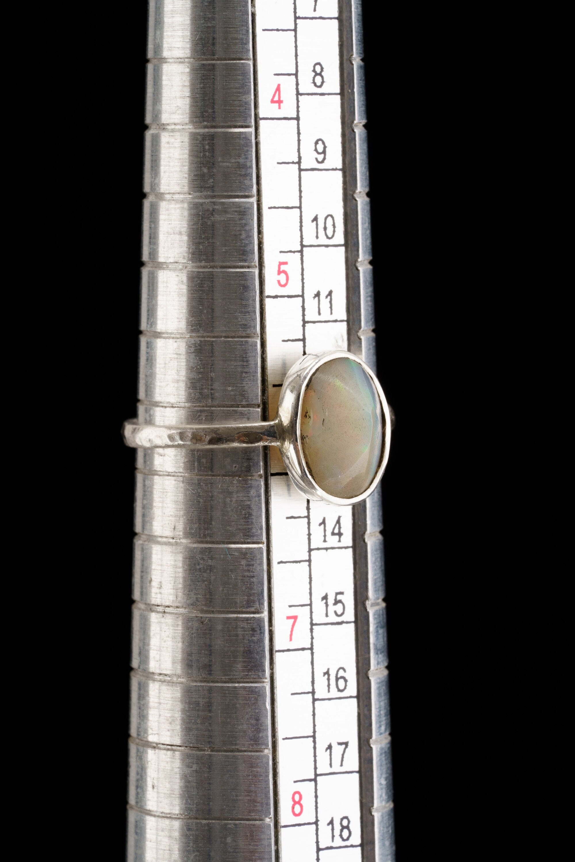 Semi Polished Ethiopian Opal - Thin Band Stack Ring - Size 5 3/4 US - 925 Sterling Silver - Hammer Textured