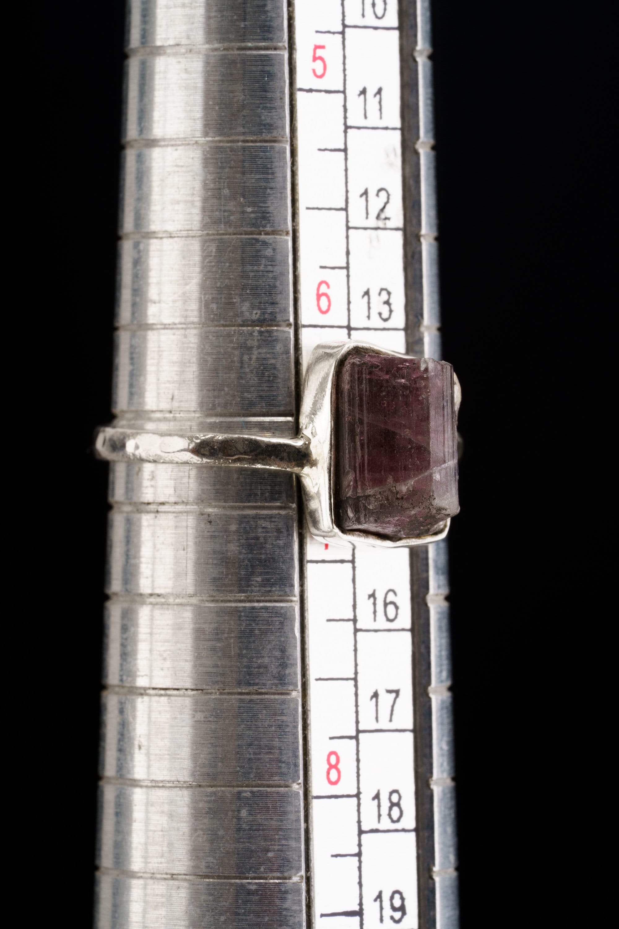 Pink gem Tourmaline Rubellite - Stack Crystal Ring - Size 6 3/4 US - 925 Sterling Silver - Thin Band Hammer Textured