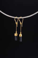 Natural Raw Black Tourmaline Stick Earrings with Gold Plated Sterling Silver Cap, Silver Snake Chain Dangle, Black & Gold