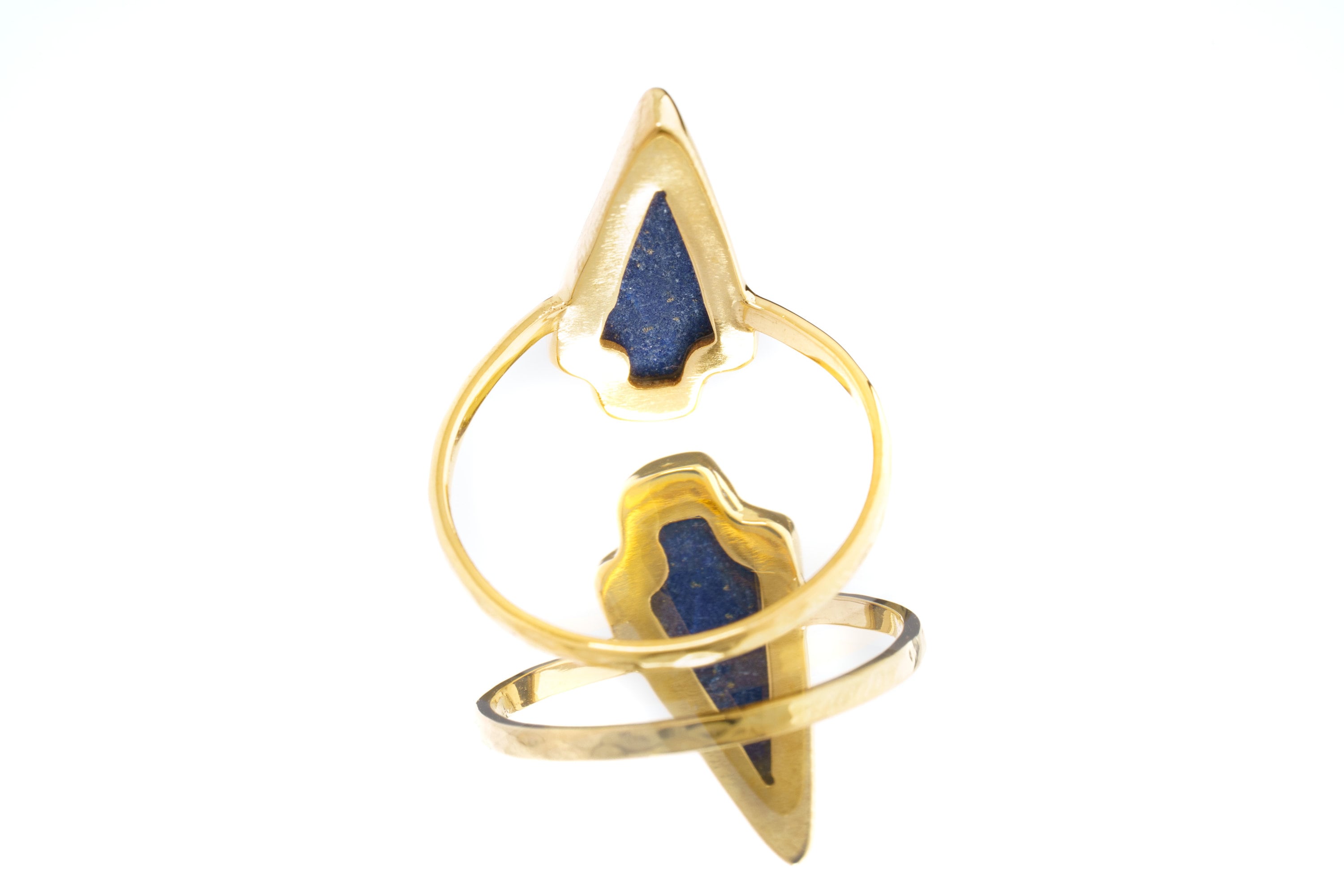 Antique Hand Craved Lapis Lazuli Arrow - Stack Crystal Ring - Gold Plated 925 Sterling Silver - Thin Band Hammer Textured