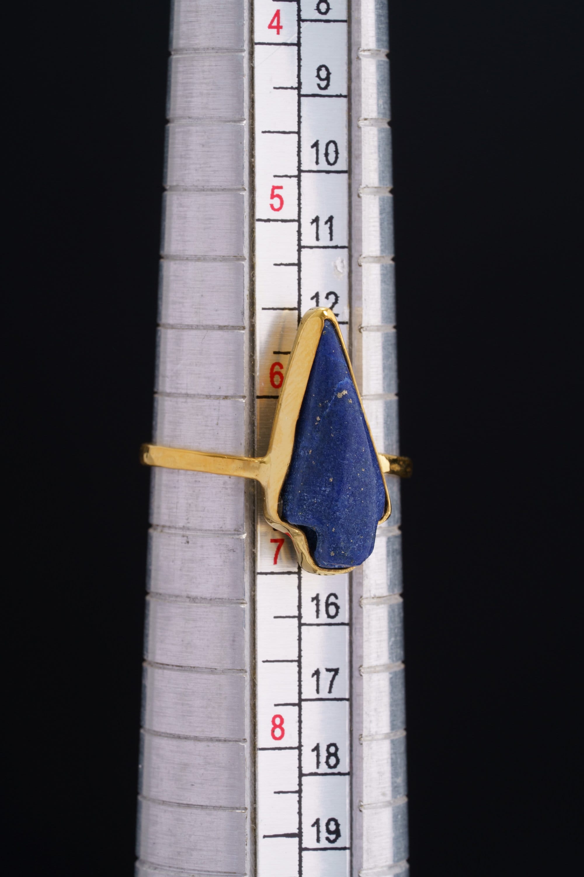 Antique Hand Craved Lapis Lazuli Arrow - Stack Crystal Ring - Gold Plated 925 Sterling Silver - Thin Band Hammer Textured