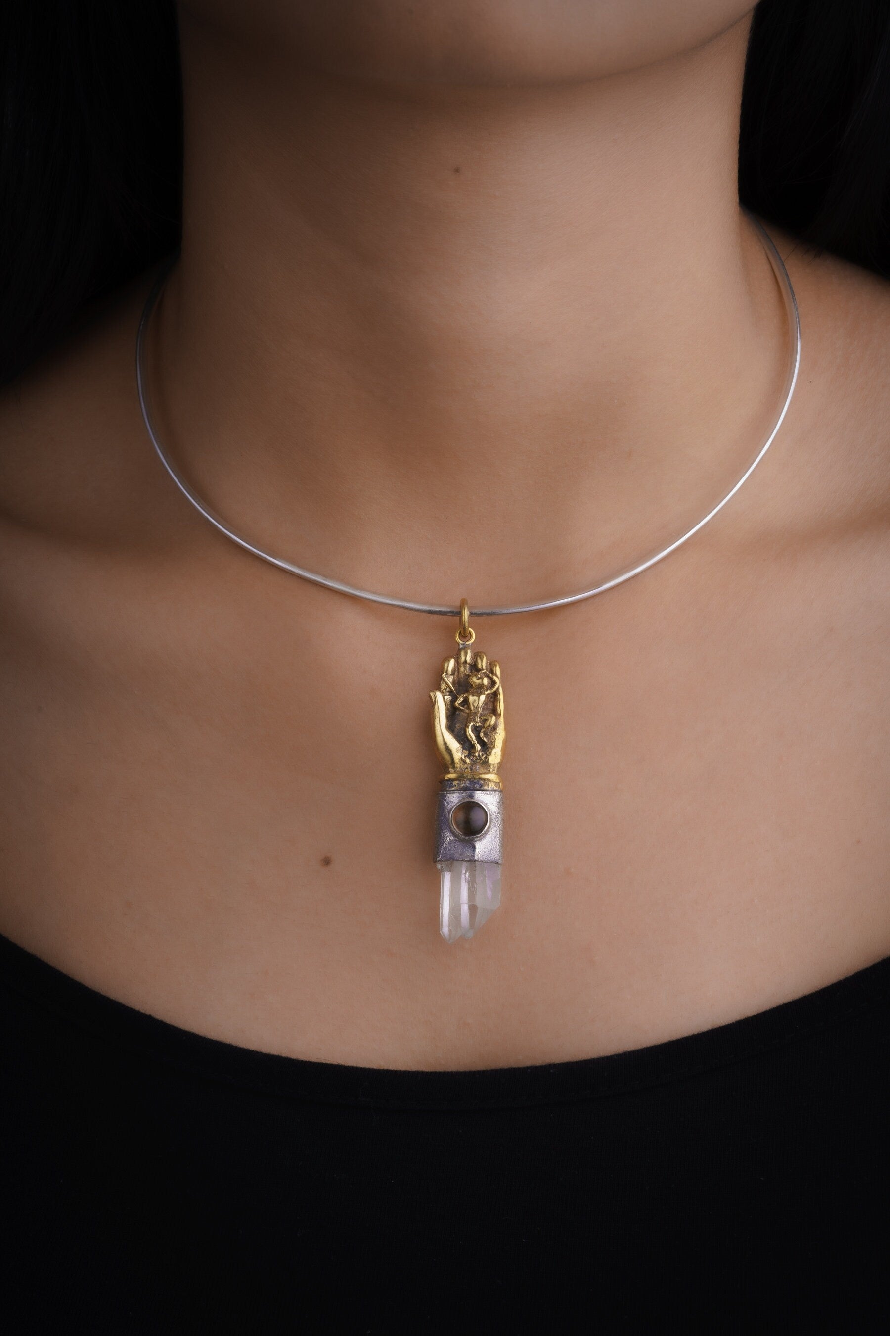 Twin Terminated Himalayan Quartz & Smoky Quartz Cabochon - Brushed Sterling Silver - Monkey King in Buddhas Hand - Crystal Pendant