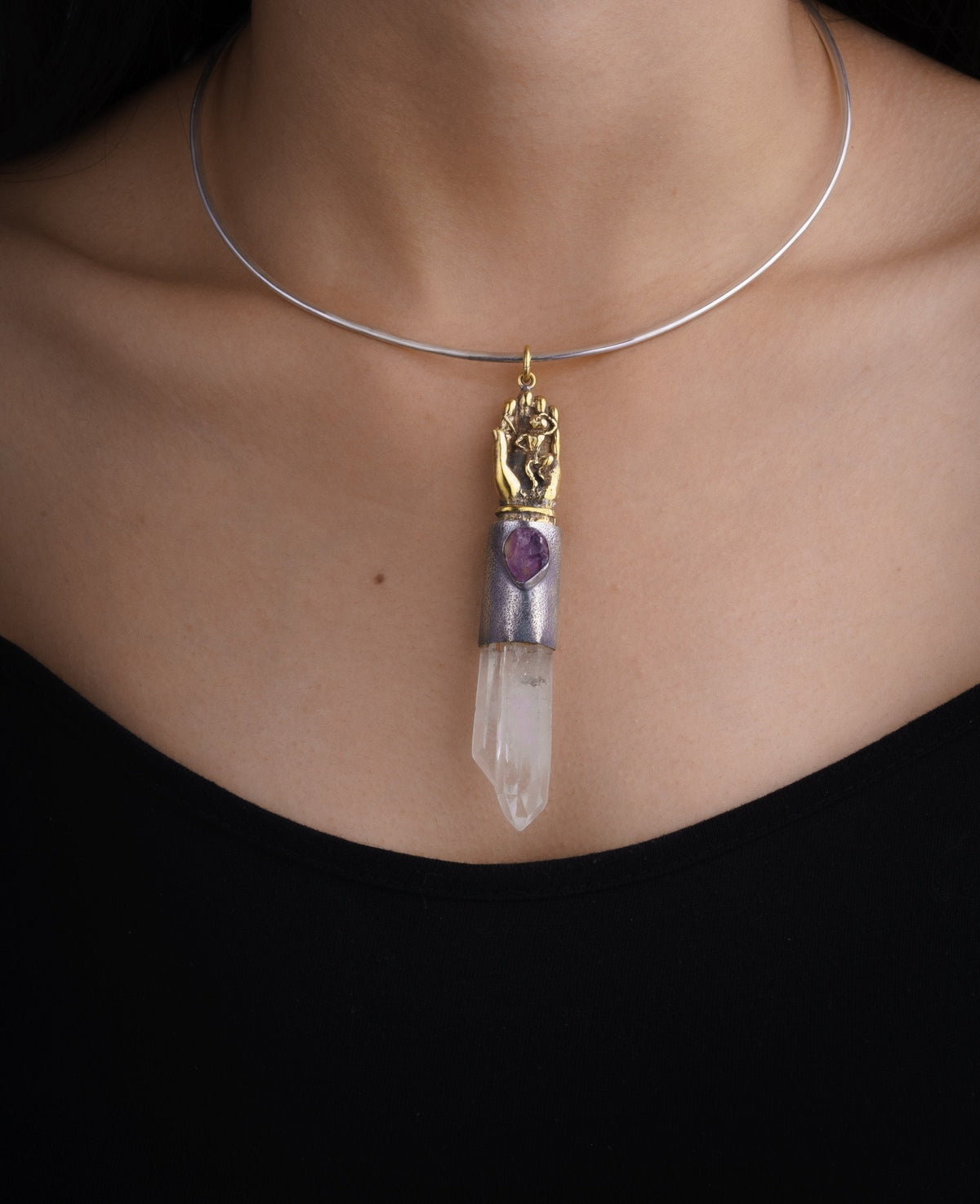 Twin Terminated Himalayan Quartz & Raw Gem Amethyst - Oxidised / Textured Sterling Silver - Monkey King in Buddhas Hand - Crystal Pendant