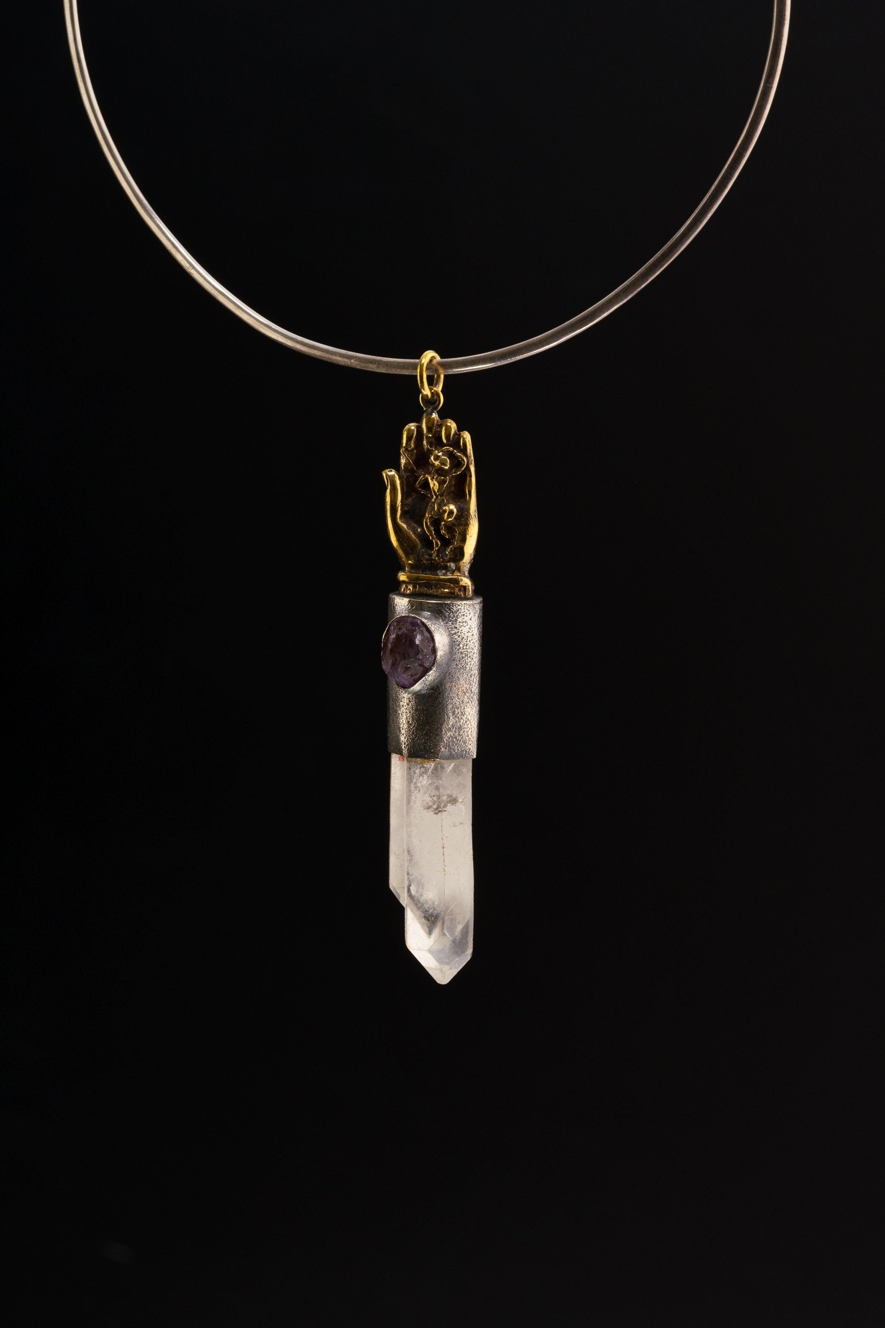 Twin Terminated Himalayan Quartz & Raw Gem Amethyst - Oxidised / Textured Sterling Silver - Monkey King in Buddhas Hand - Crystal Pendant