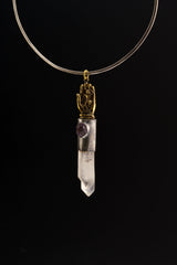 Twin Terminated Himalayan Quartz & Raw Gem Amethyst - Oxidised / Textured Sterling Silver - Monkey King in Buddhas Hand - Crystal Pendant