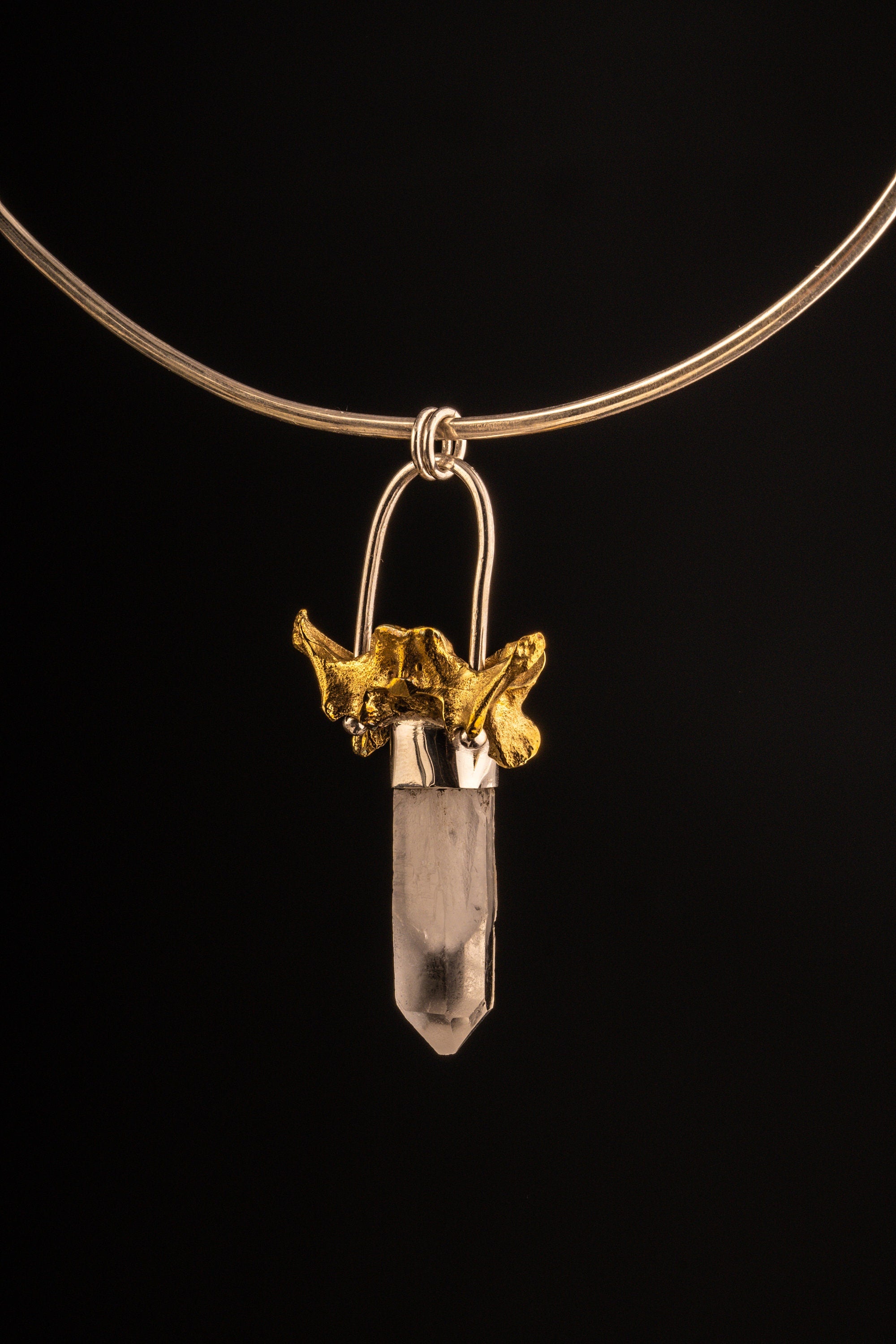 Himalayan White Phantom Quartz Point Pendant, Sterling Silver with Kangaroo Vertebrate Brass Cast, Talisman Jewelry, Unique Spiritual Gift