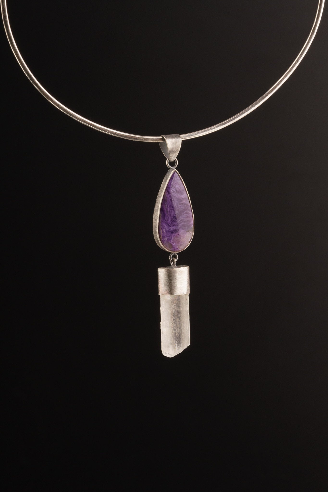 Crystal Candle - AAA Charoite Cabochon & Optical Selenite - Sterling Silver - Rustic OXEDISED Finish - Pendant