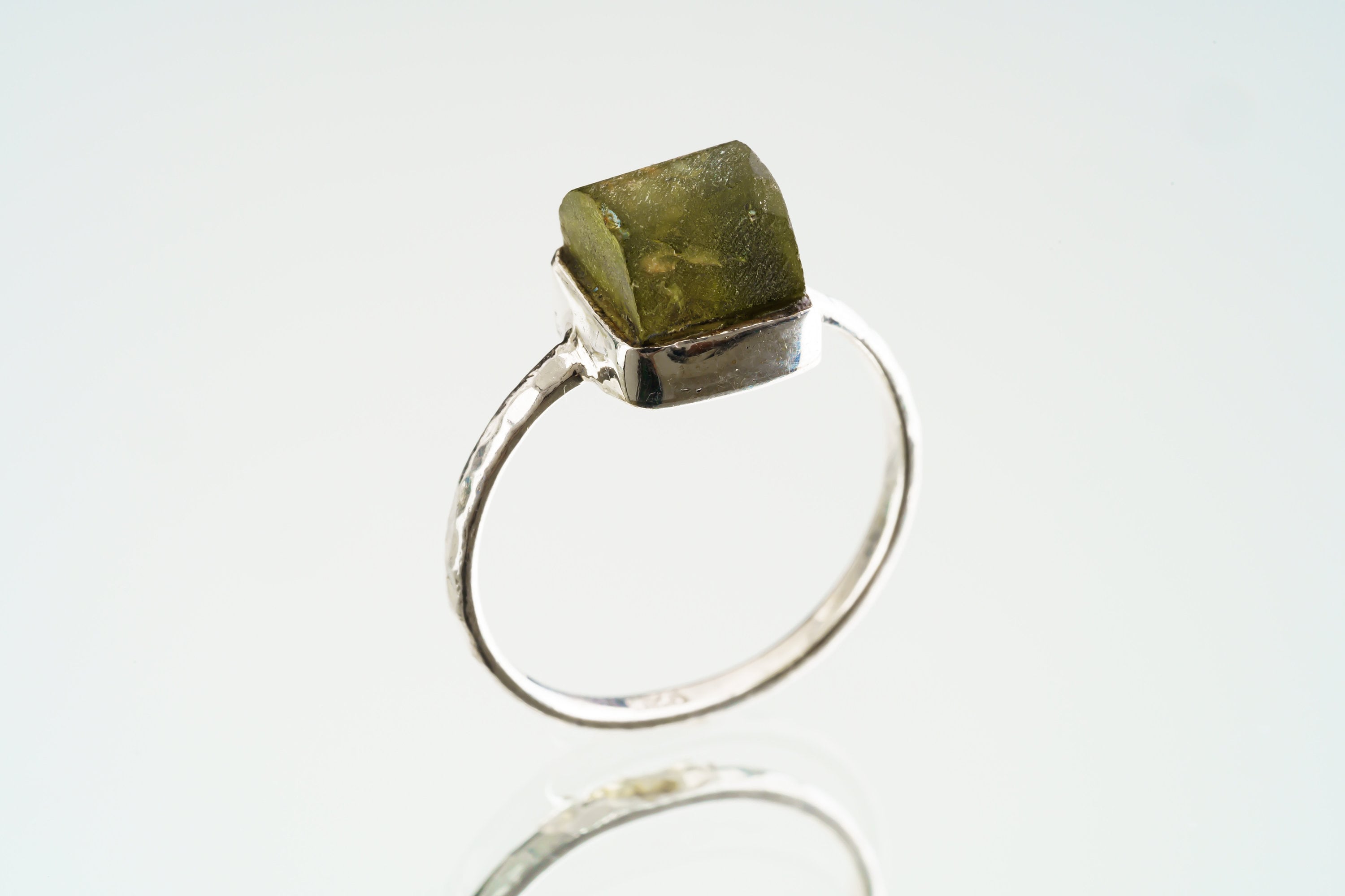 Natural River Found Australian Peridot - Thin Band Stack Ring - Size 6 US - 925 Sterling Silver - Hammer Textured