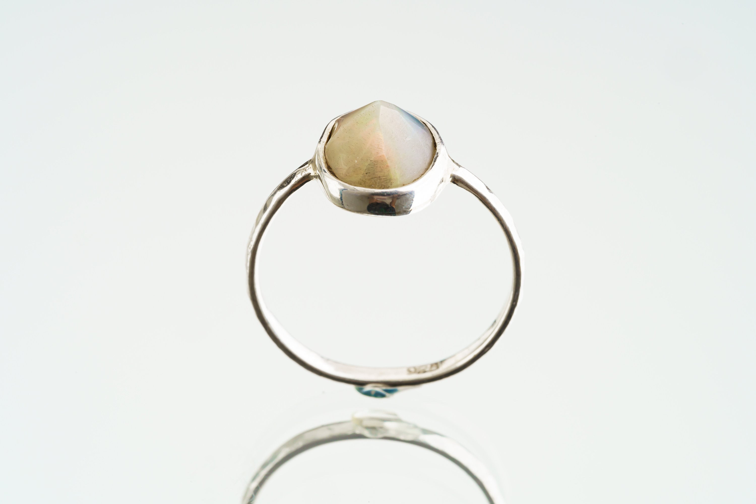 Semi Polished Ethiopian Opal - Thin Band Stack Ring - Size 5 3/4 US - 925 Sterling Silver - Hammer Textured