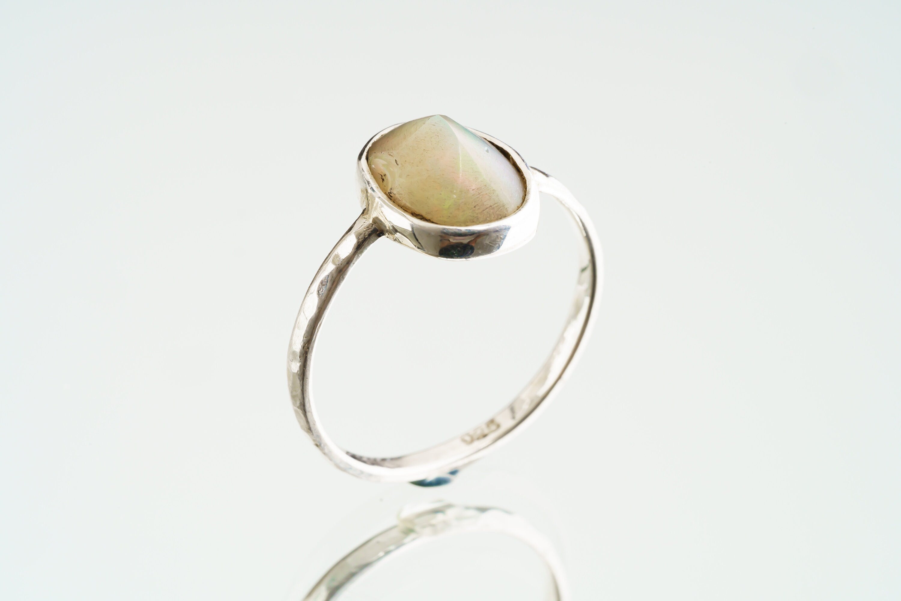 Semi Polished Ethiopian Opal - Thin Band Stack Ring - Size 5 3/4 US - 925 Sterling Silver - Hammer Textured