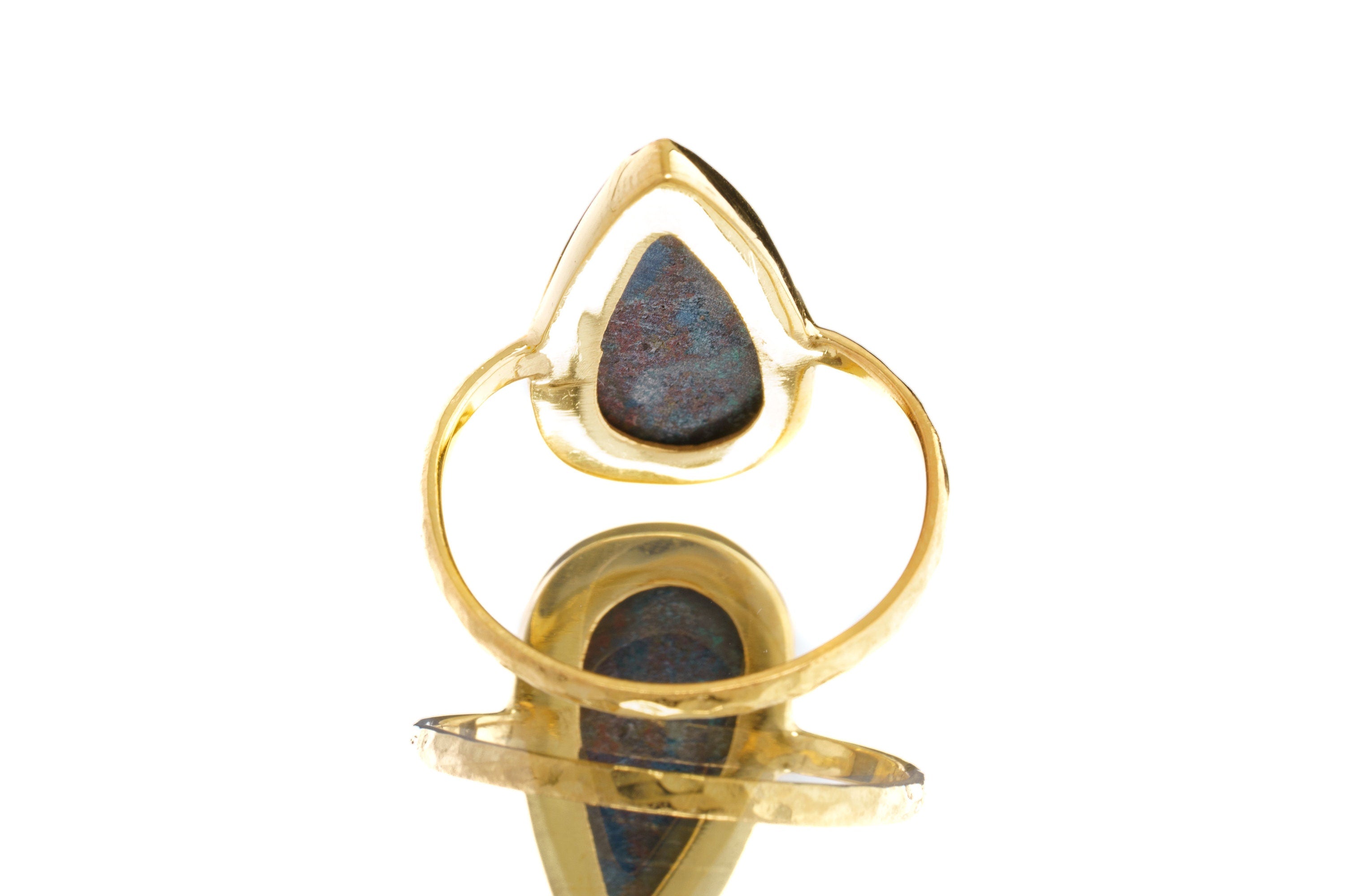 Copper rich Azurite Tear Drop Cabochon - Stack Crystal Ring - Size 7 1/2 US - Gold Plated 925 Sterling Silver - Thin Band Hammer Textured