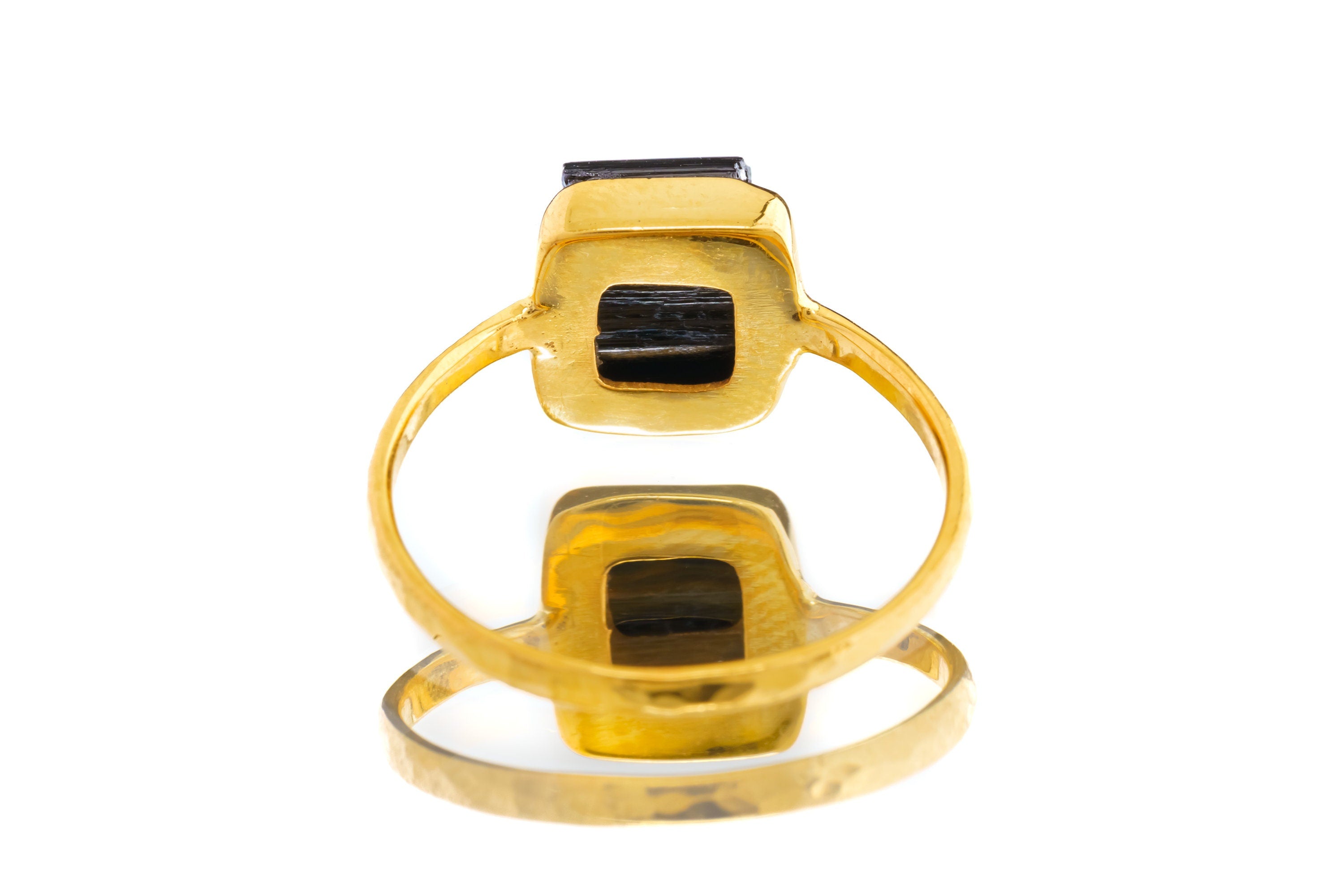 Raw Black Tourmaline - Stack Crystal Ring - Size 7 1/2 US - Gold Plated 925 Sterling Silver - Thin Band Hammer Textured