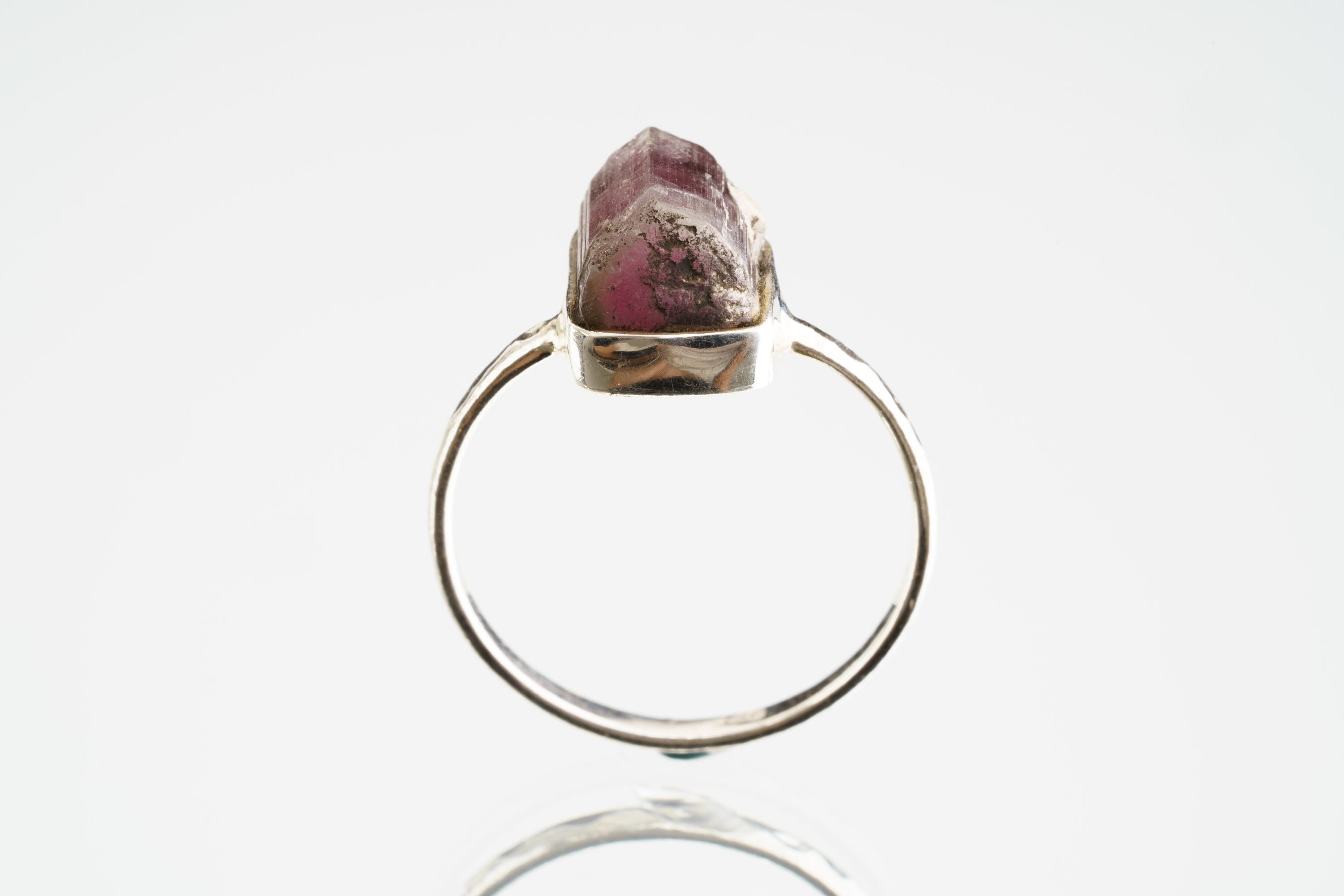 Pink gem Tourmaline Rubellite - Stack Crystal Ring - Size 6 3/4 US - 925 Sterling Silver - Thin Band Hammer Textured