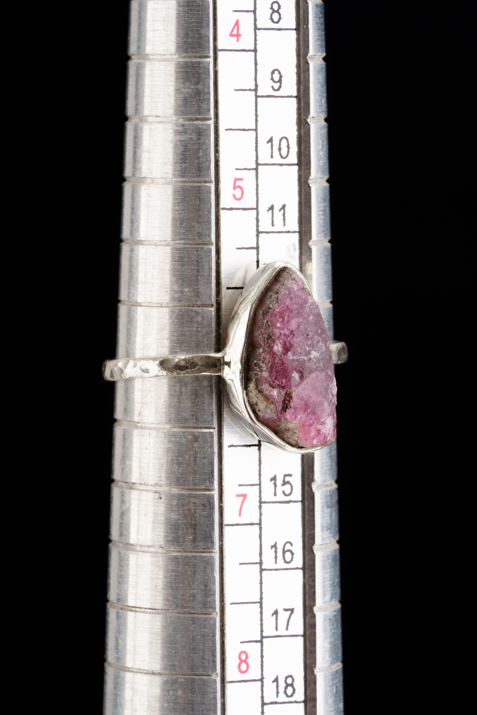 Pink gem Tourmaline Rubellite - Stack Crystal Ring - Size 6 1/4 US - 925 Sterling Silver - Thin Band Hammer Textured