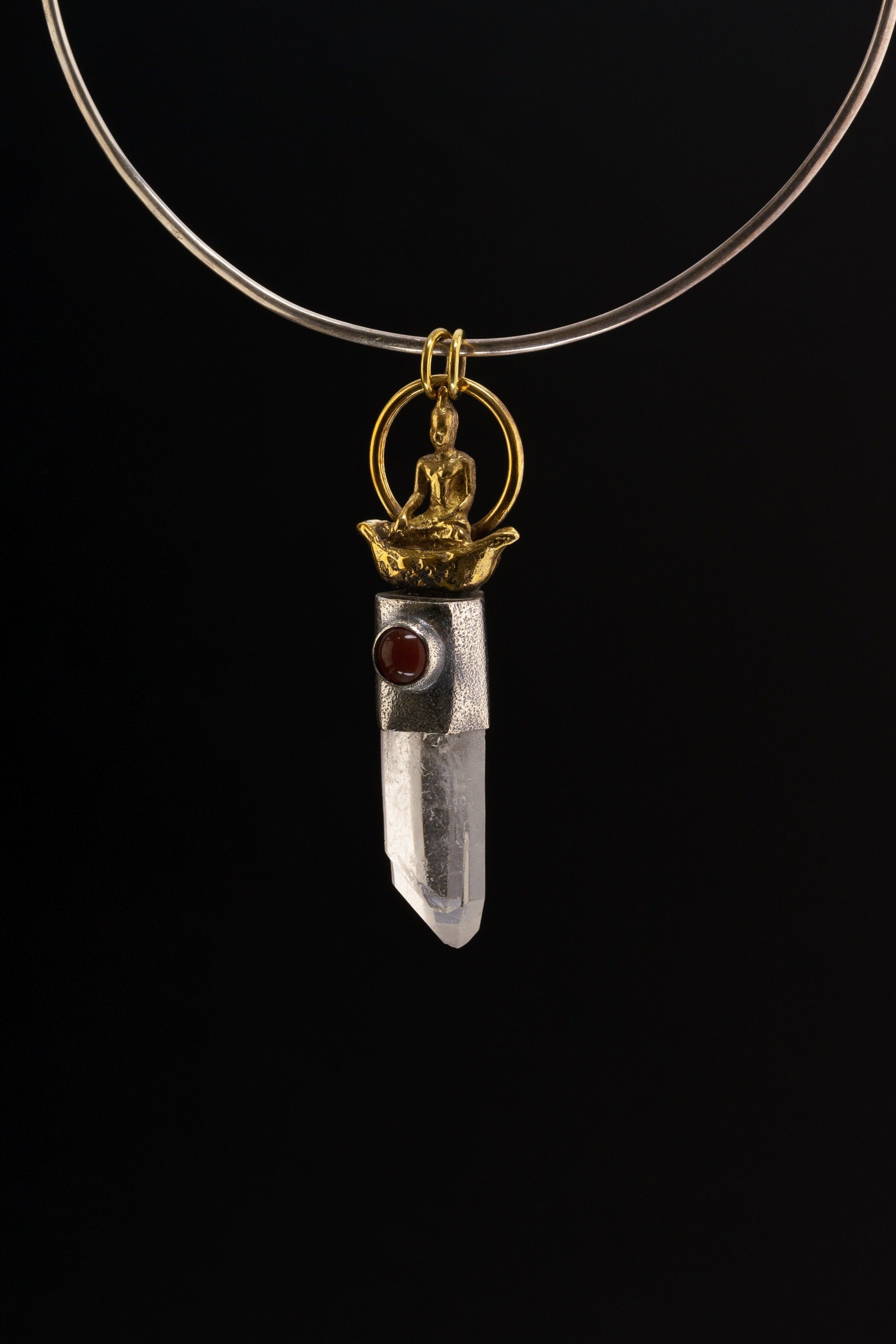 Clear double Terminated Twin Quartz & Australian Carnelian - Brushed Sterling Silver - Buddha on Raft Brass cast Talisman - Crystal Pendant