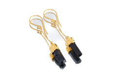 Natural Raw Black Tourmaline Stick Earrings with Gold Plated Sterling Silver Cap, Silver Snake Chain Dangle, Black & Gold