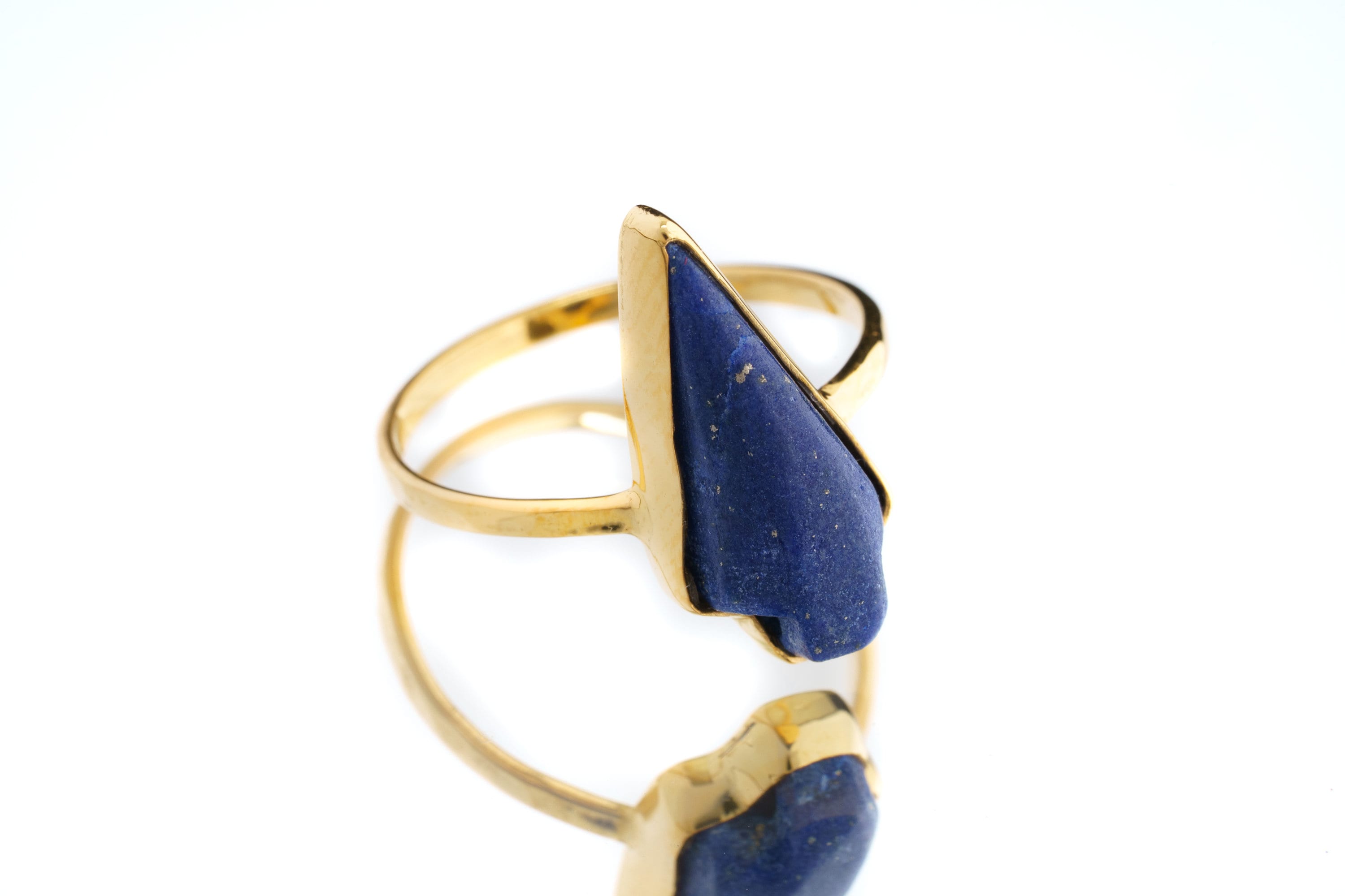 Antique Hand Craved Lapis Lazuli Arrow - Stack Crystal Ring - Gold Plated 925 Sterling Silver - Thin Band Hammer Textured