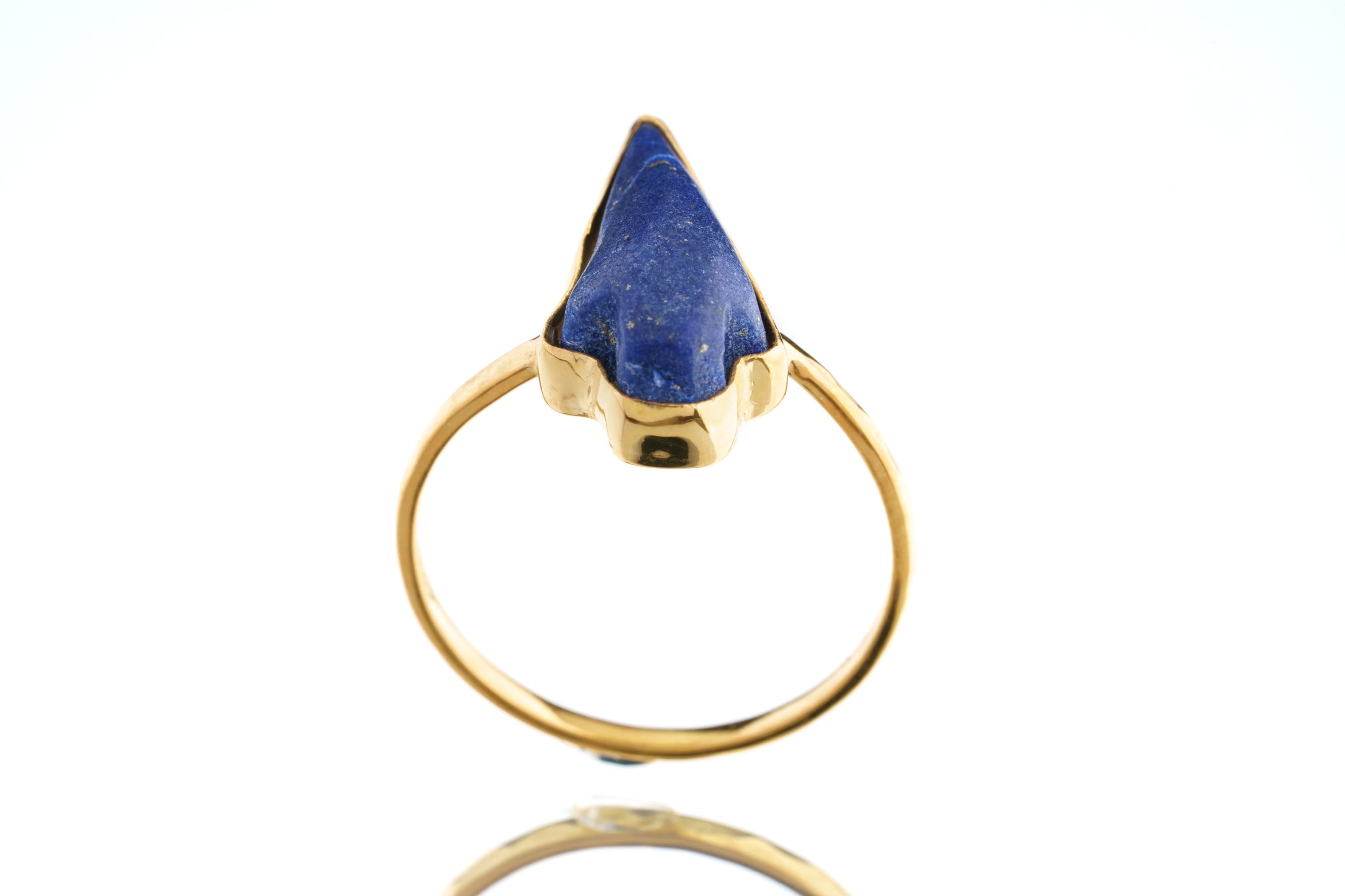 Antique Hand Craved Lapis Lazuli Arrow - Stack Crystal Ring - Gold Plated 925 Sterling Silver - Thin Band Hammer Textured