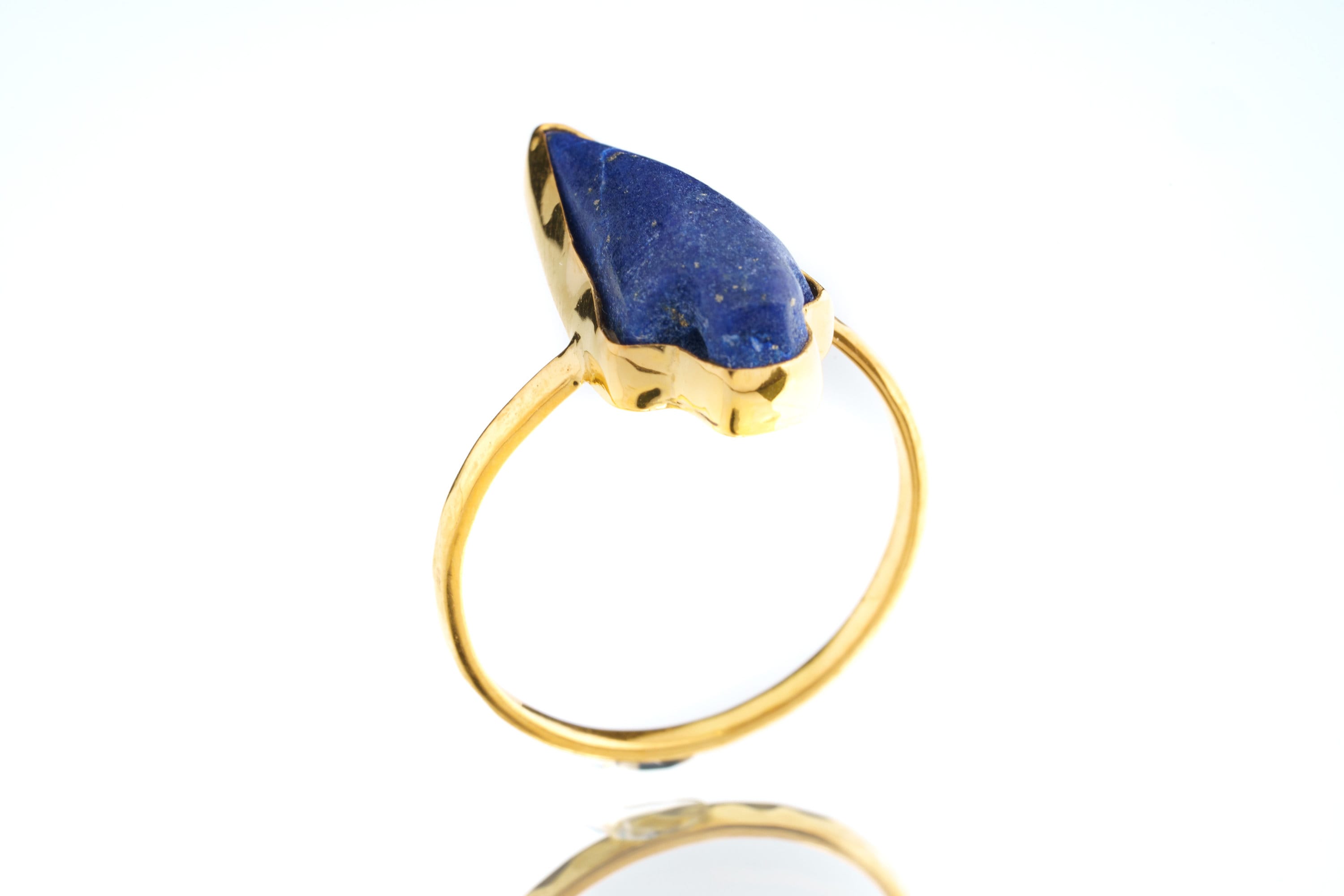 Antique Hand Craved Lapis Lazuli Arrow - Stack Crystal Ring - Gold Plated 925 Sterling Silver - Thin Band Hammer Textured