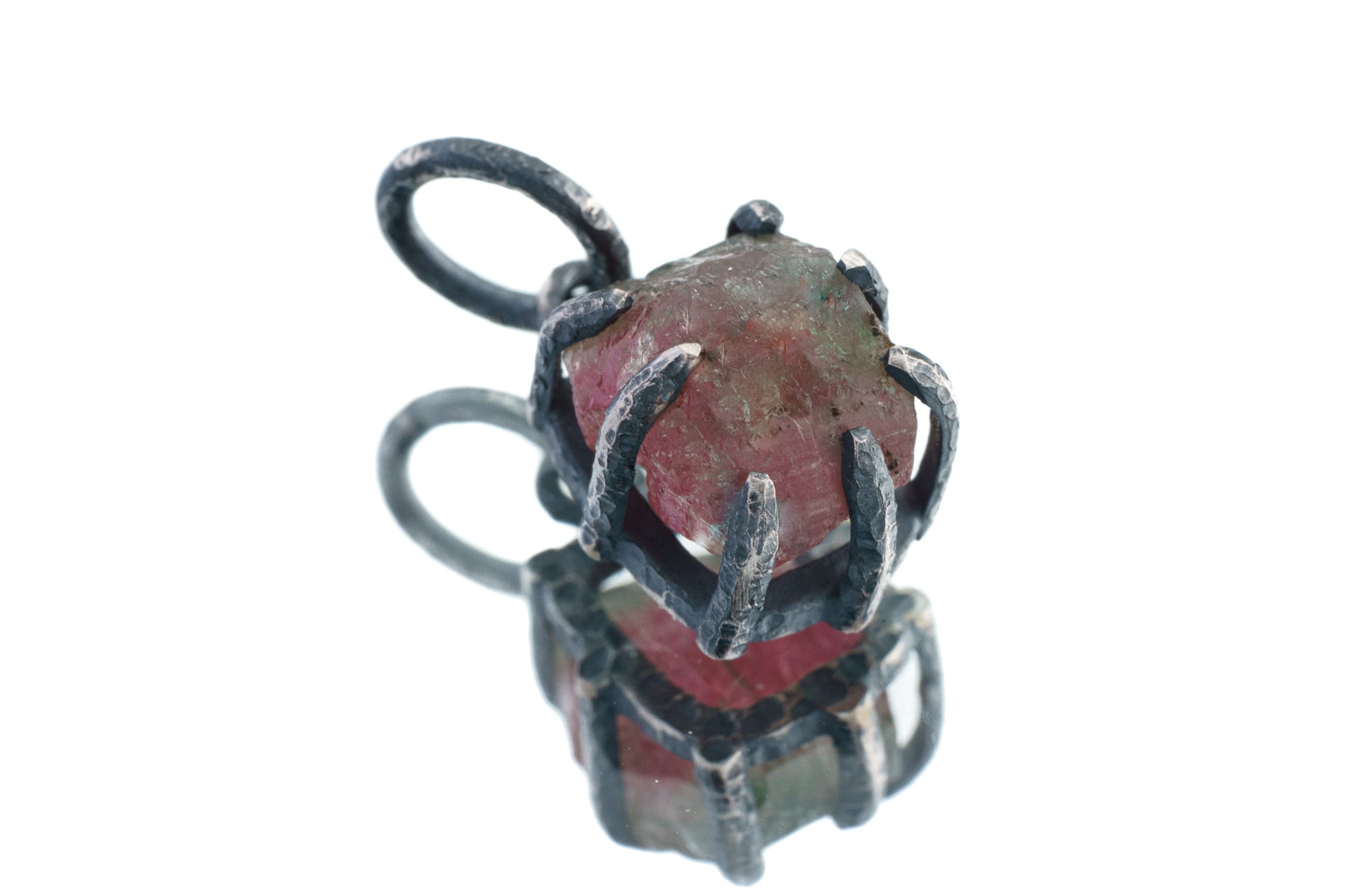 Tiny Mostly Pink Watermelon Tourmaline - Oxidised Sterling Silver - Strong Claw Wire Setting - Hammer Textured - Pendant Crystal Necklace