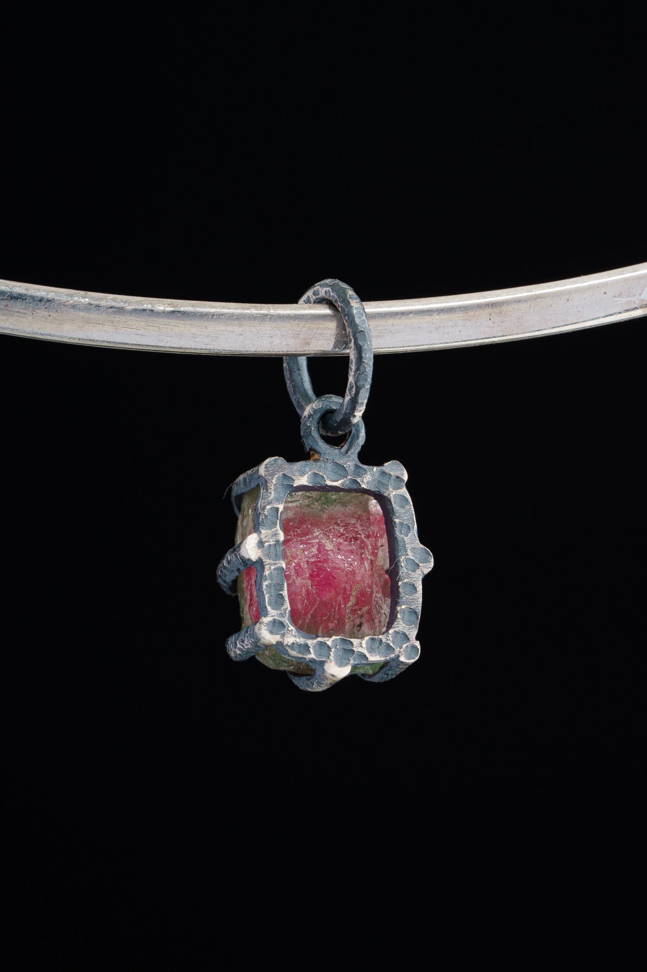 Tiny Mostly Pink Watermelon Tourmaline - Oxidised Sterling Silver - Strong Claw Wire Setting - Hammer Textured - Pendant Crystal Necklace