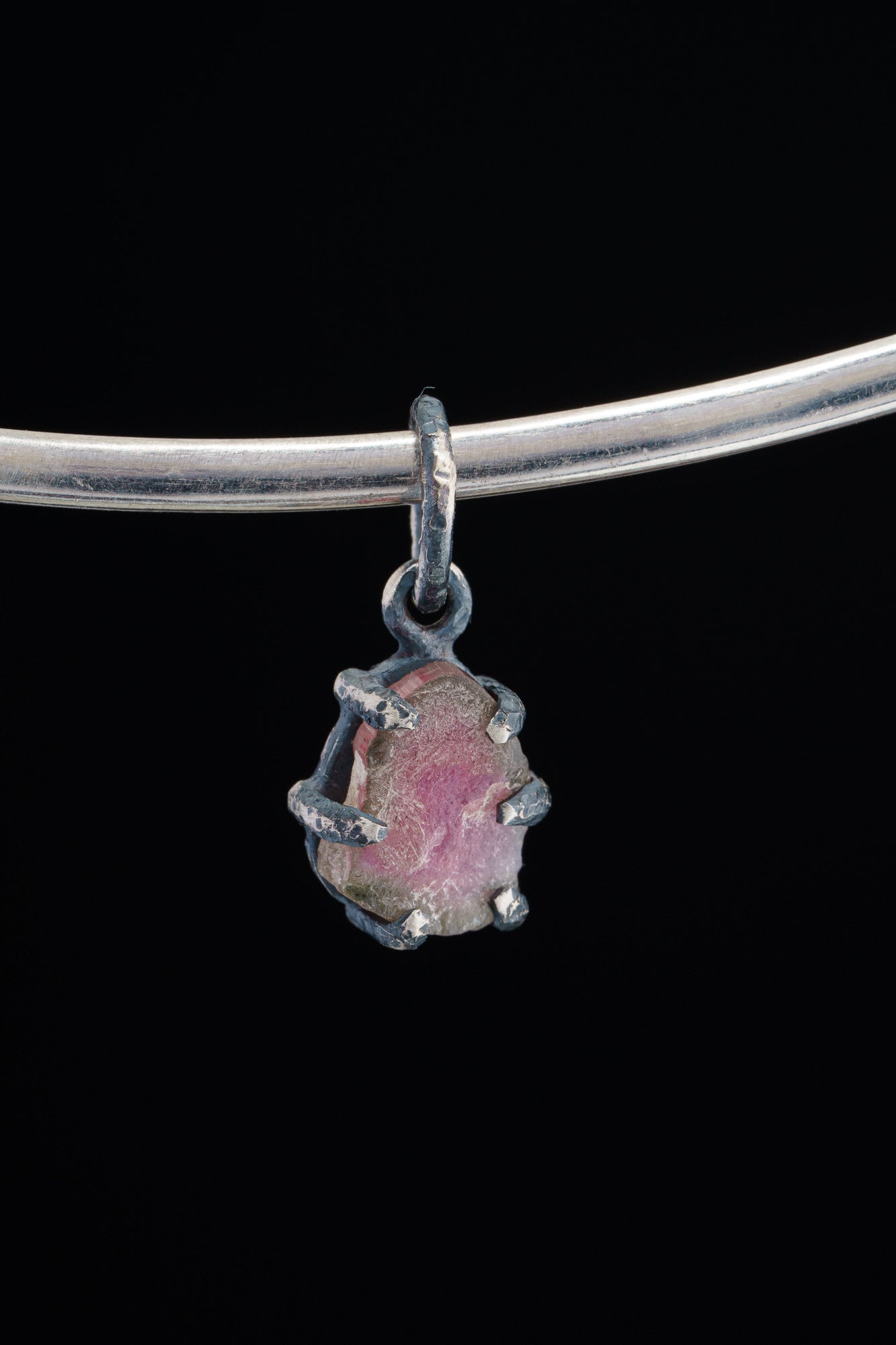 Gem Watermelon Tourmaline Slice - Oxidised Sterling Silver - Strong Claw Wire Setting - Hammer Textured - Pendant Crystal Necklace