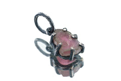 Gem Watermelon Tourmaline Slice - Oxidised Sterling Silver - Strong Claw Wire Setting - Hammer Textured - Pendant Crystal Necklace