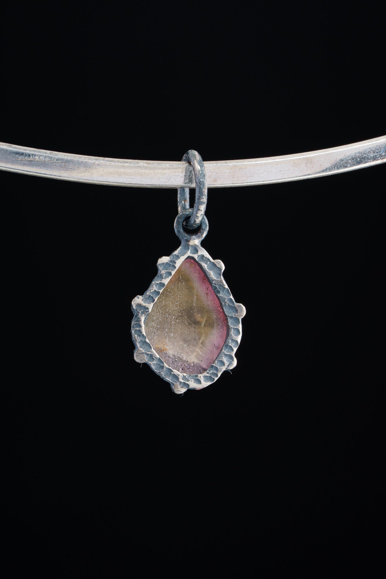 Natural Gem Watermelon Tourmaline Slice - Oxidised Sterling Silver - Strong Claw Wire Setting - Hammer Textured - Pendant Crystal Necklace