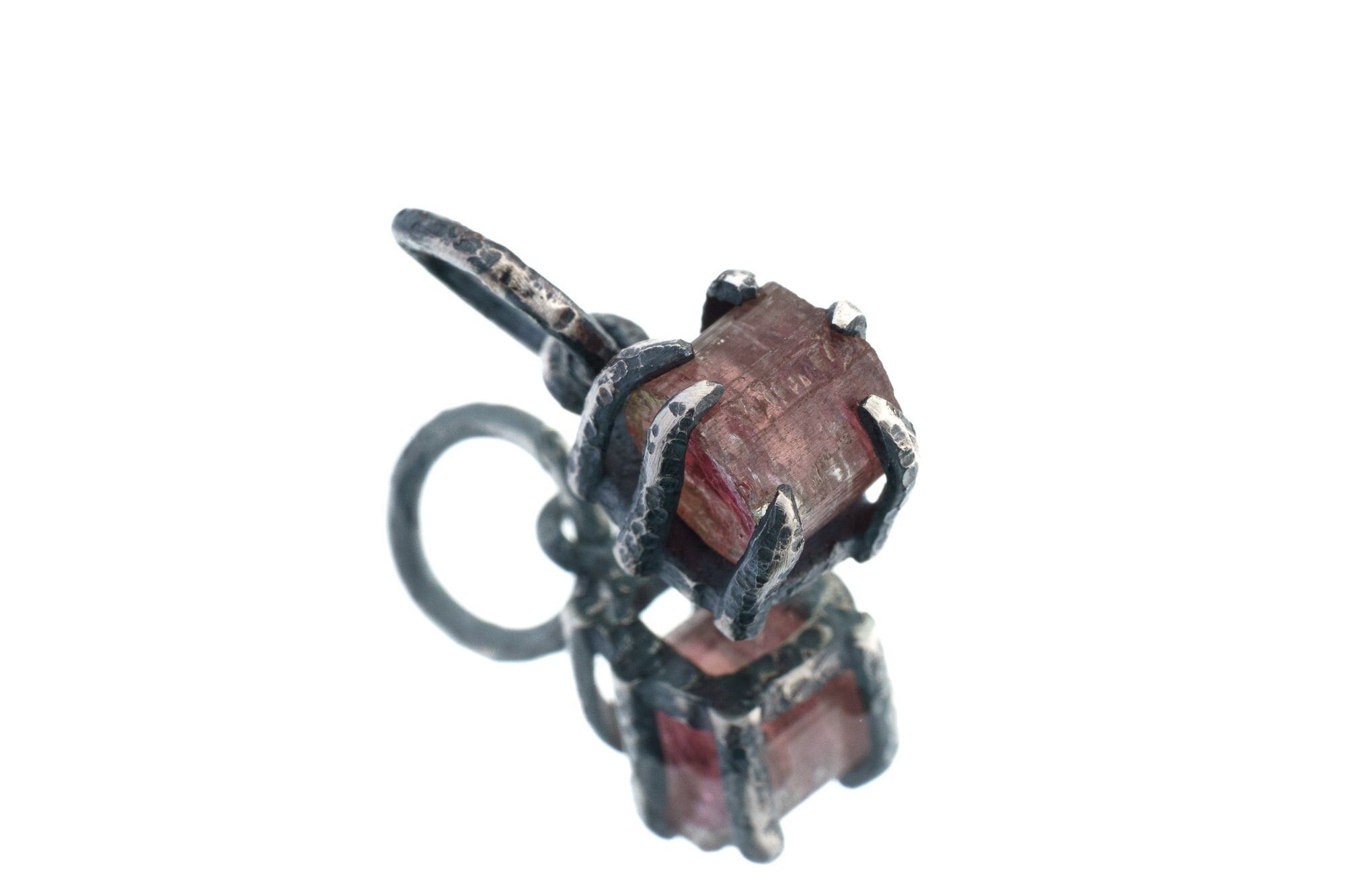 Raw Gemmy Pink Tourmaline Rubellite - Oxidised Sterling Silver - Strong Claw Wire Setting - Hammer Textured - Pendant Crystal Necklace