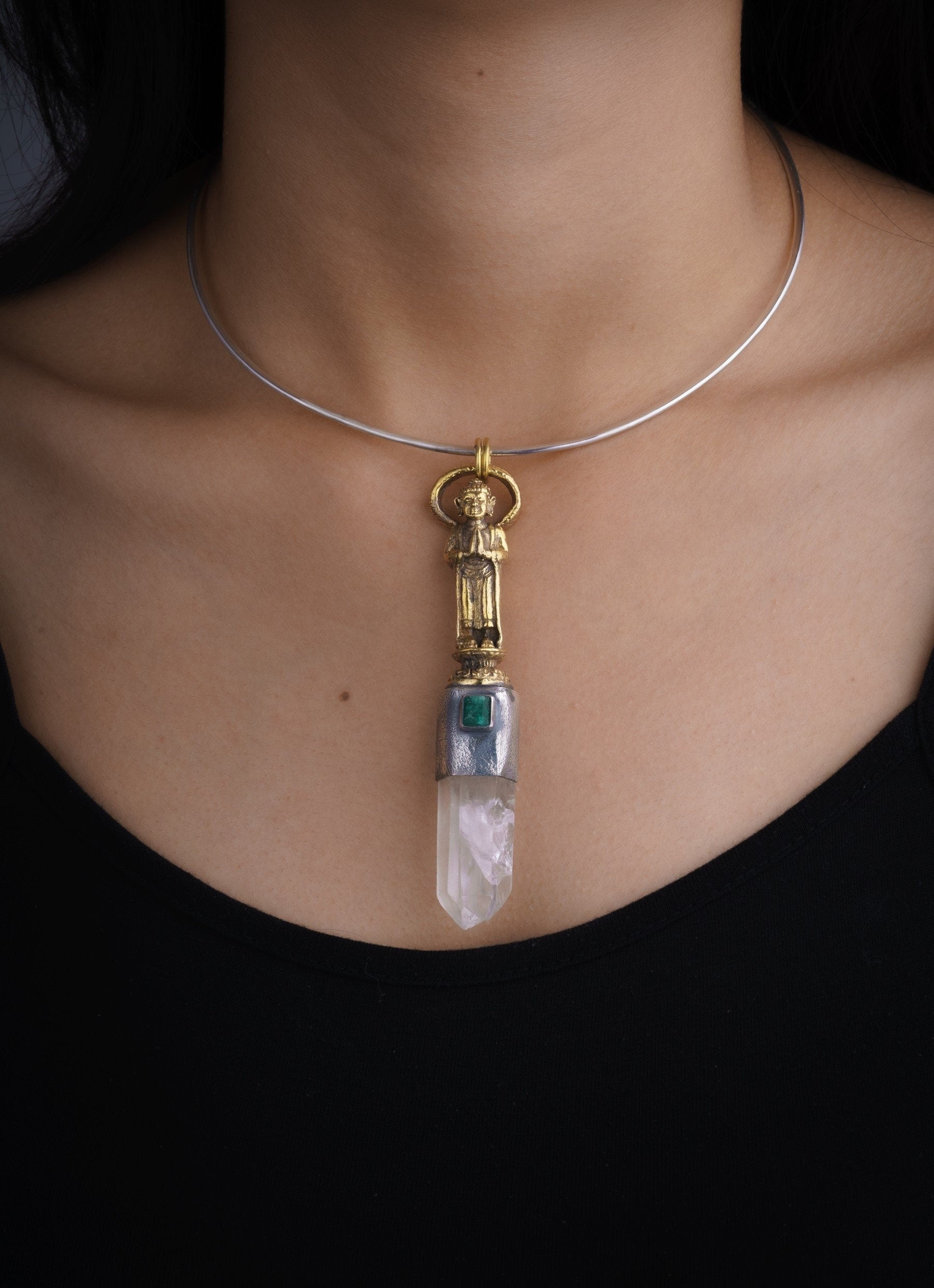 Double Terminated Twin Himalayan Quartz & Raw Gem Emerald - Oxidised Textured Sterling Silver - Brass Cast Big Bali Buddha - Crystal Pendant