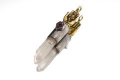 Twin Terminated Himalayan Quartz & Raw Gem Amethyst - Oxidised / Textured Sterling Silver - Monkey King in Buddhas Hand - Crystal Pendant