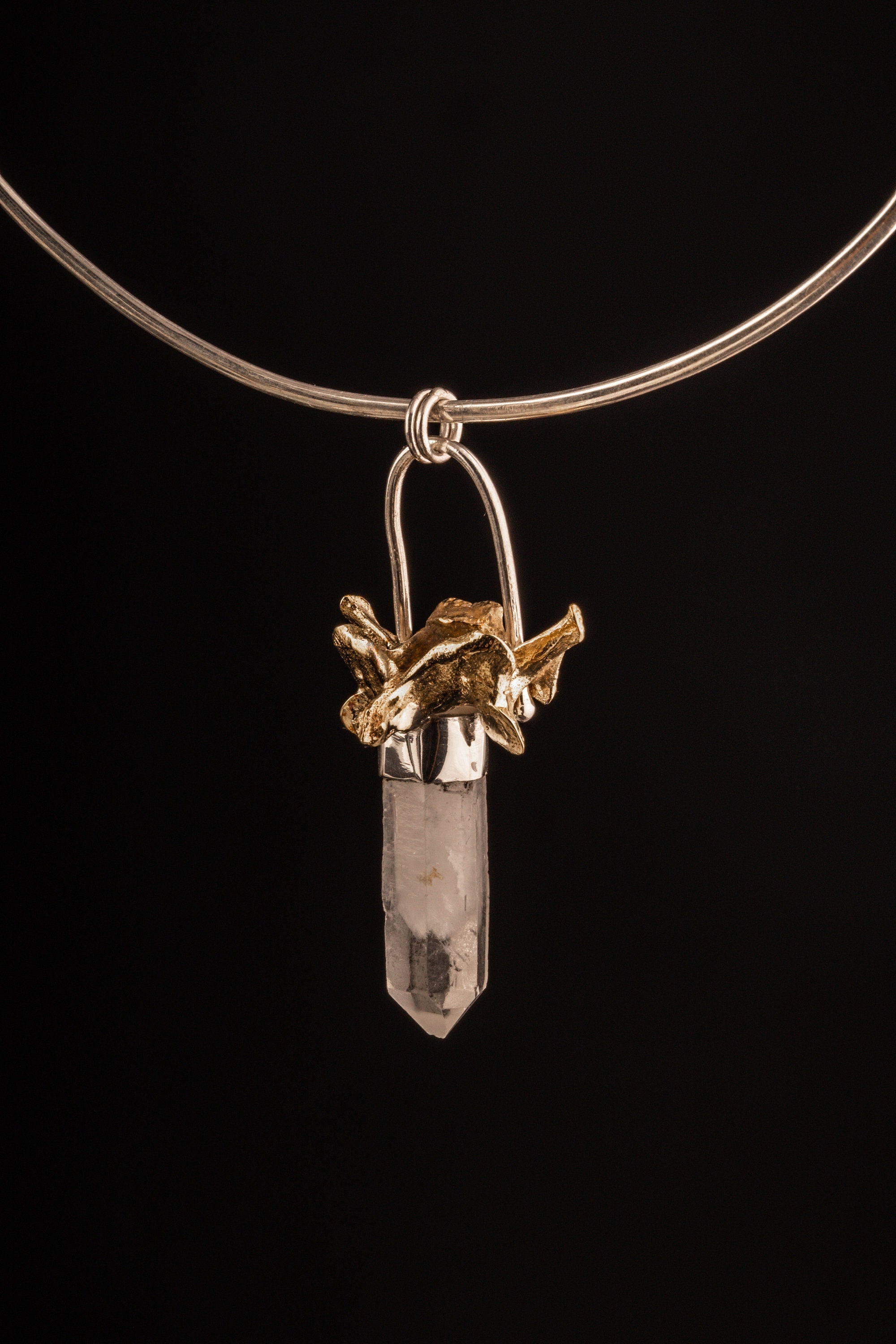 Himalayan White Phantom Quartz Point Pendant, Sterling Silver with Kangaroo Vertebrate Brass Cast, Talisman Jewelry, Unique Spiritual Gift