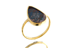 Copper rich Azurite Tear Drop Cabochon - Stack Crystal Ring - Size 7 1/2 US - Gold Plated 925 Sterling Silver - Thin Band Hammer Textured