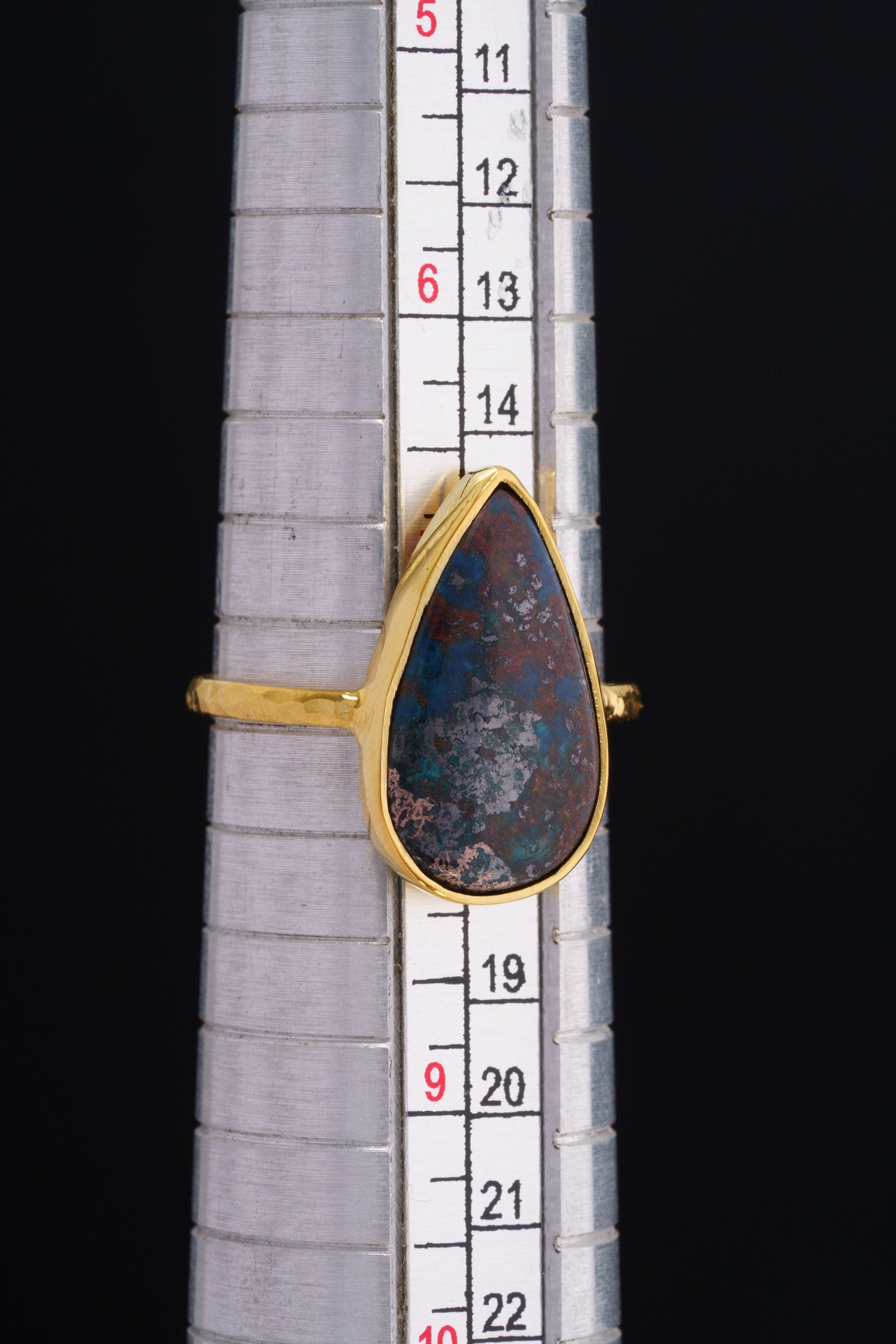 Copper rich Azurite Tear Drop Cabochon - Stack Crystal Ring - Size 7 1/2 US - Gold Plated 925 Sterling Silver - Thin Band Hammer Textured