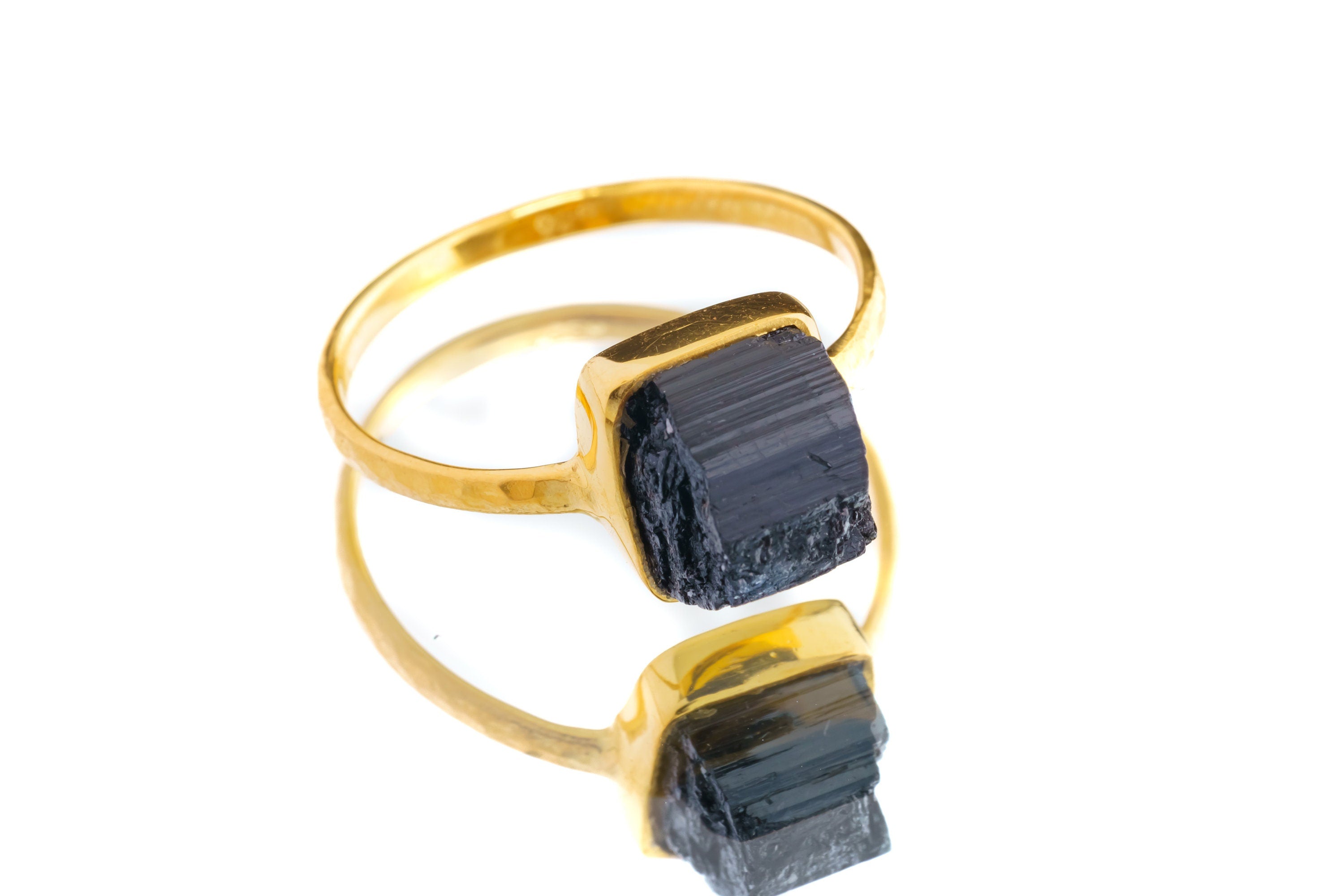 Raw Black Tourmaline - Stack Crystal Ring - Size 7 1/2 US - Gold Plated 925 Sterling Silver - Thin Band Hammer Textured